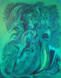 Expressive Abstract, Green Colour, Original Oil Painting, Signed