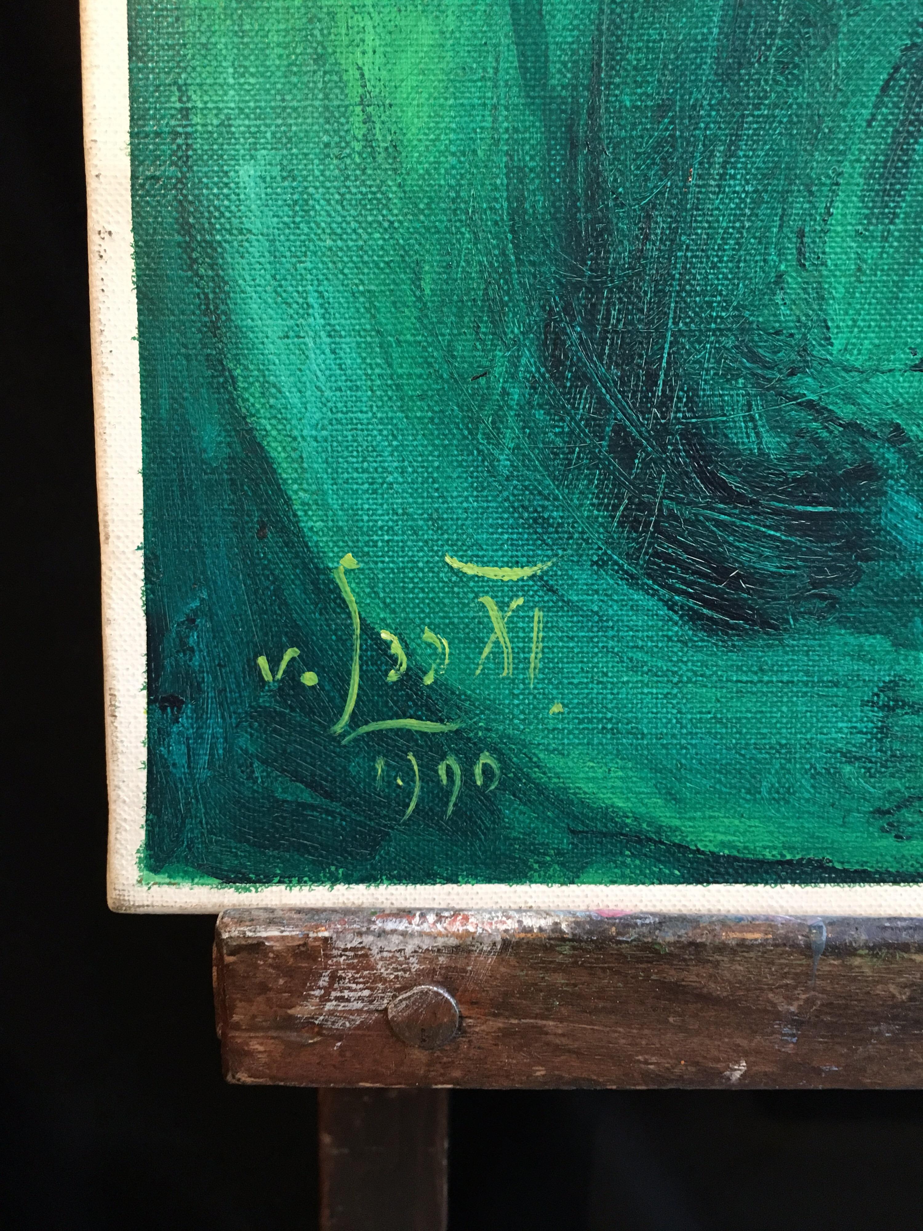 Expressive Abstract, Green Colour, Original Oil Painting, Signed
By French artist, Gustave von Loo
Signed indistinctly on the lower left hand corner and dated '1990'
Oil painting on canvas, unframed
Canvas size: 32 x 25.5 inches

Fabulous green