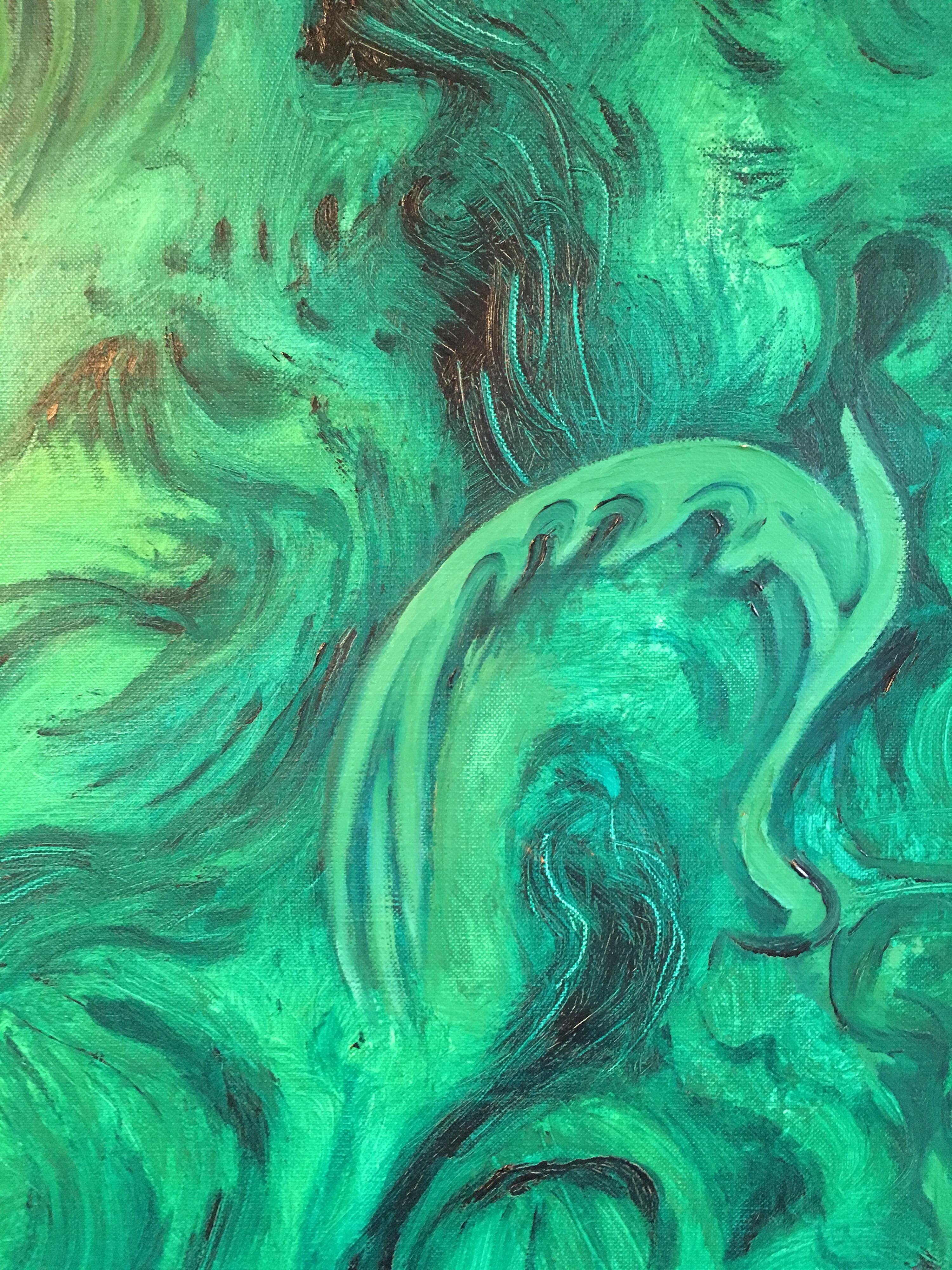 Expressive Abstract, Green Colour, Original Oil Painting, Signed For Sale 1