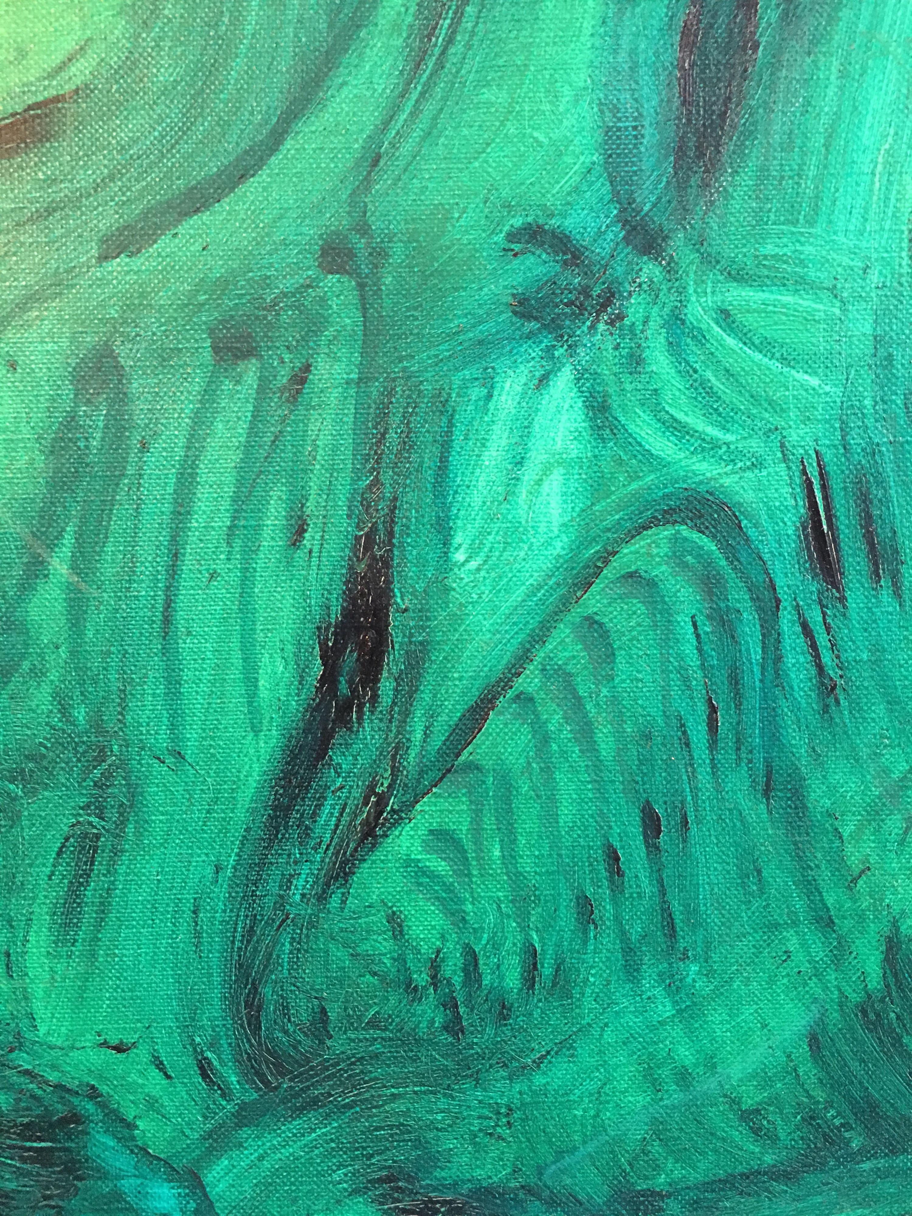 Expressive Abstract, Green Colour, Original Oil Painting, Signed For Sale 2