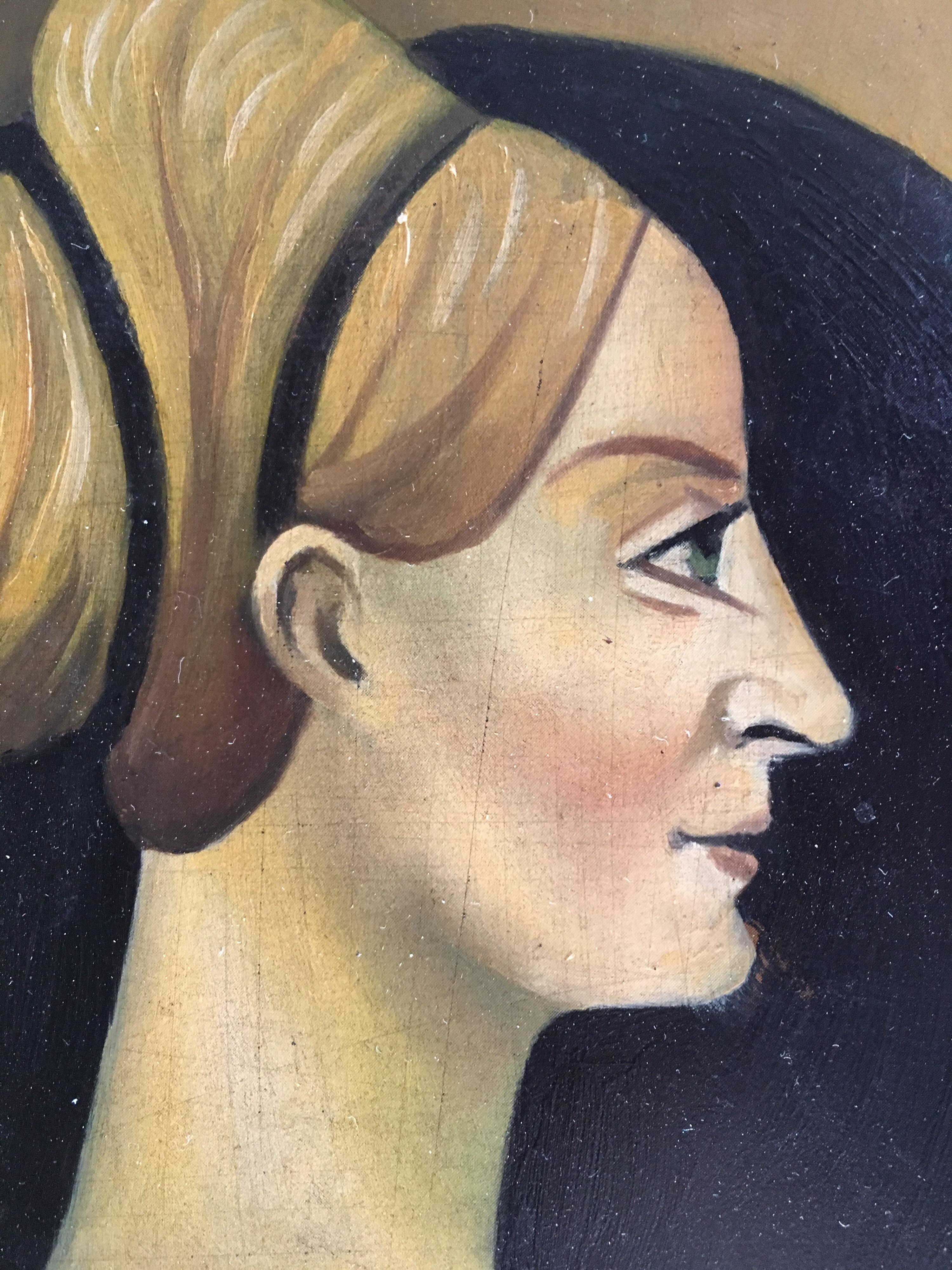 Regal Stylised Portrait, Blonde Female Oil Painting on Metal - Black Portrait Painting by Unknown
