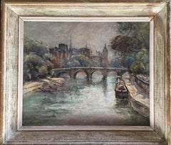 Pont Neuf Paris Seine Mid 20th Century, Impressionist Signed Oil Painting