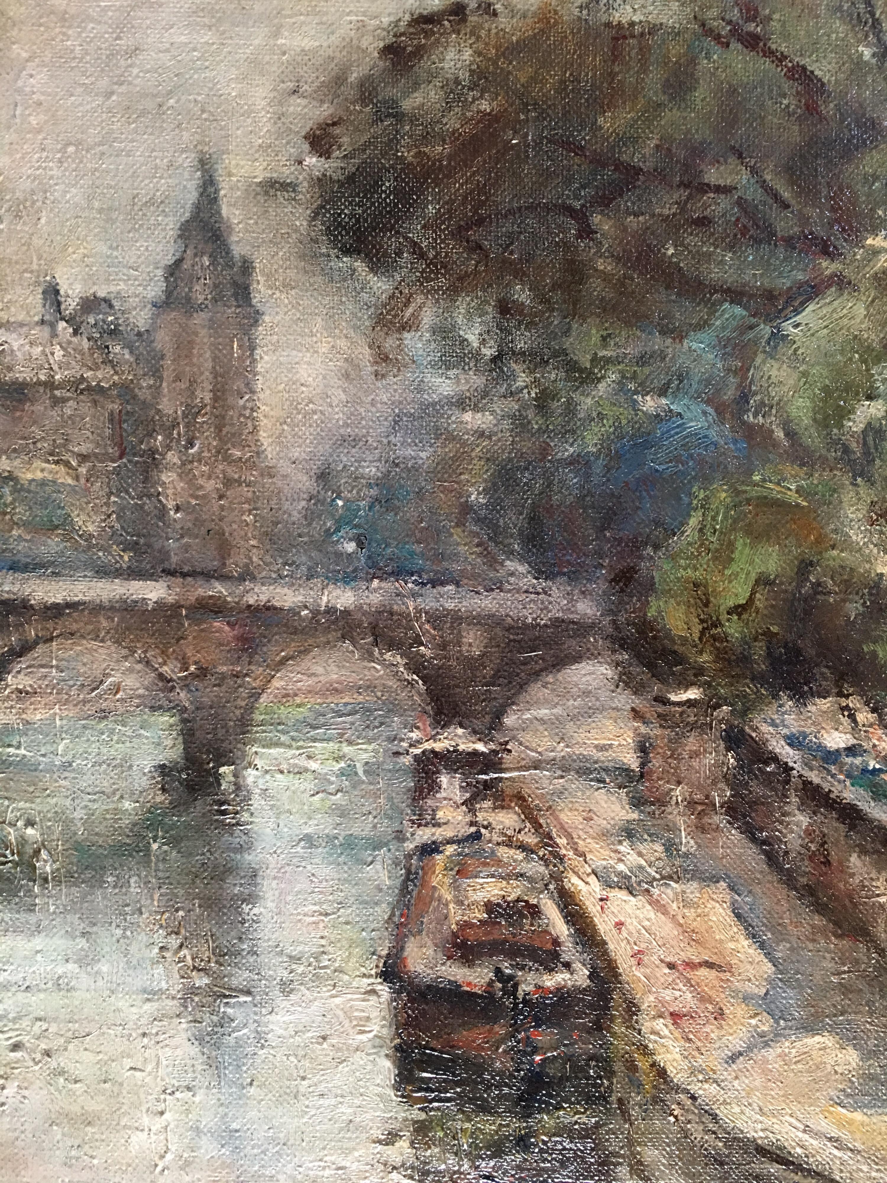 Pont Neuf, Paris, Impressionist Landscape, Signed Oil Painting
By French artist, Mid 20th Century
Signed indistinctly by the artist on the lower left hand corner
Oil painting on canvas, framed
Framed size: 19 x 22 inches

Beautiful scene of the