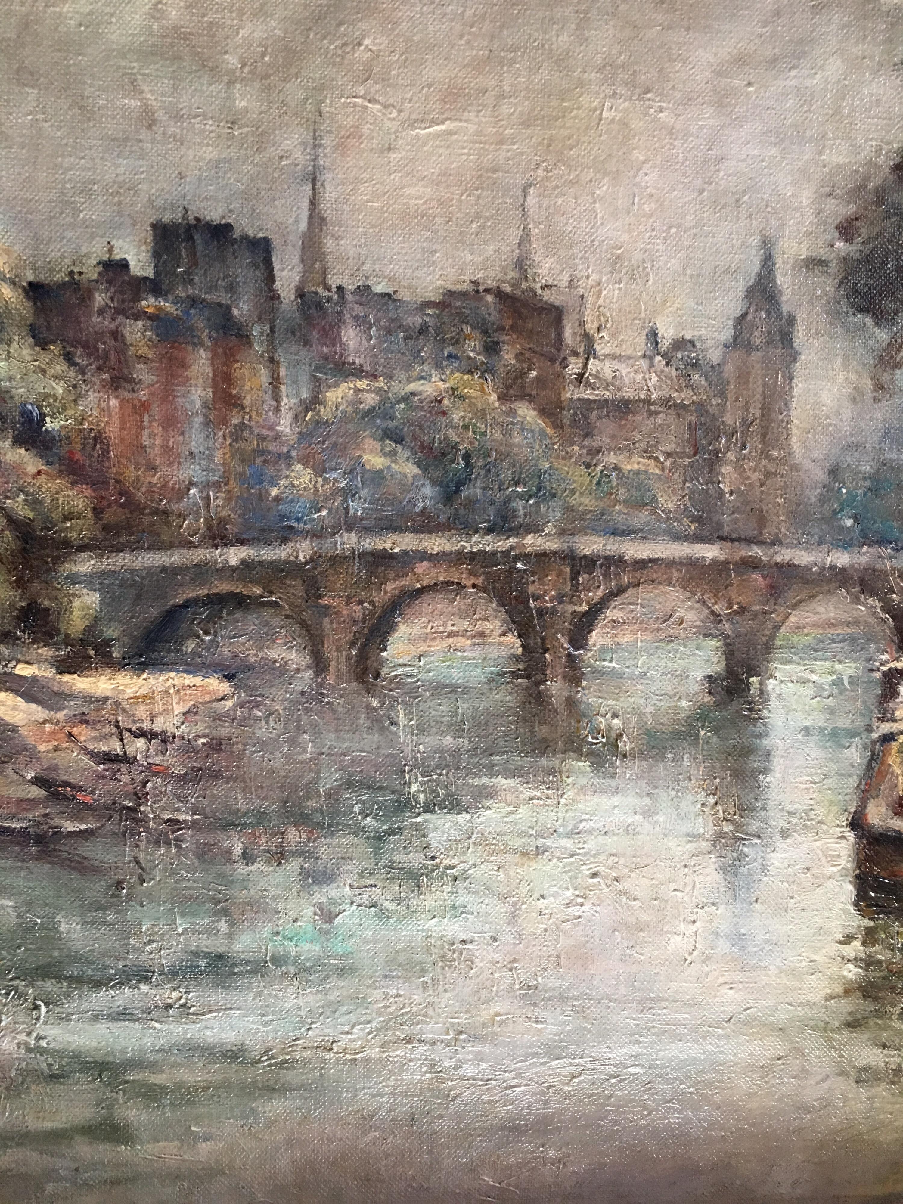Pont Neuf Paris Seine Mid 20th Century, Impressionist Signed Oil Painting 1