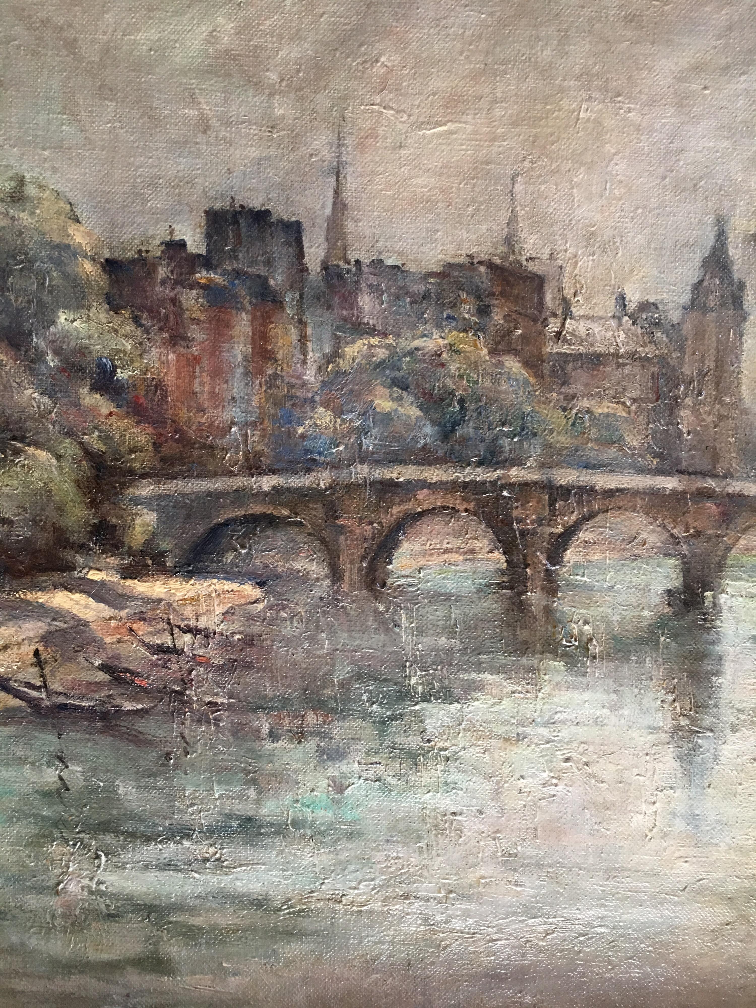 Pont Neuf Paris Seine Mid 20th Century, Impressionist Signed Oil Painting 2