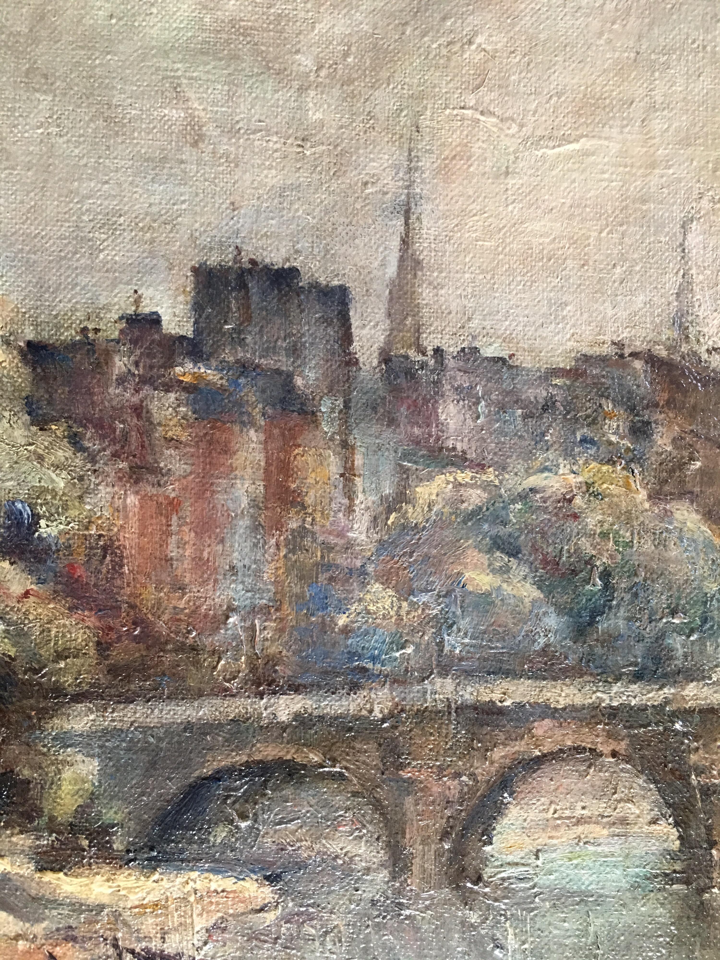 Pont Neuf Paris Seine Mid 20th Century, Impressionist Signed Oil Painting 3