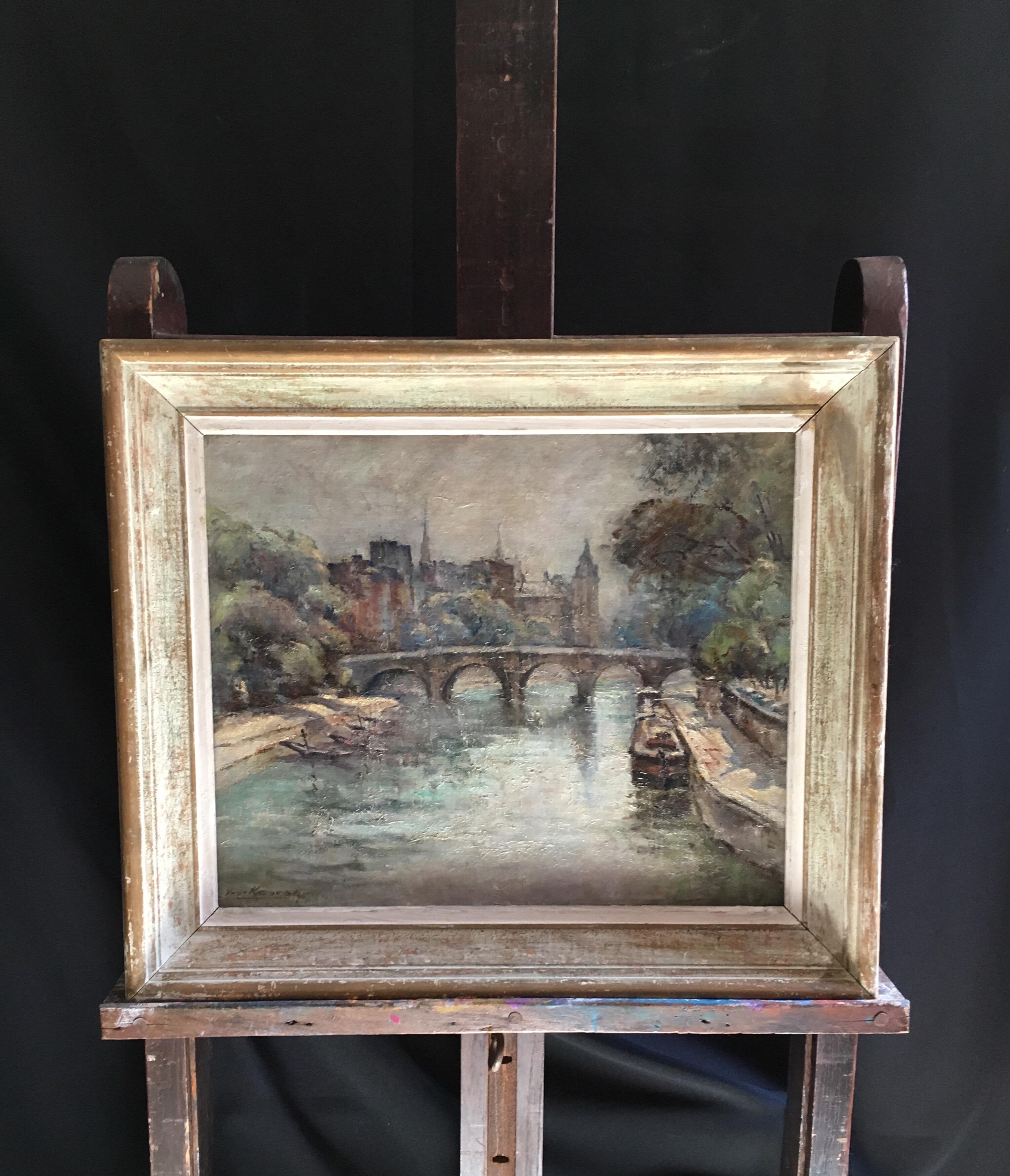 Pont Neuf Paris Seine Mid 20th Century, Impressionist Signed Oil Painting 5