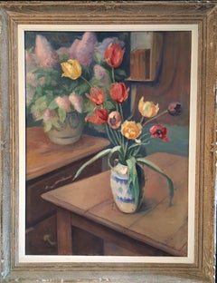 Vintage Large French Impressionist Oil Painting of Tulips, Still life, Signed