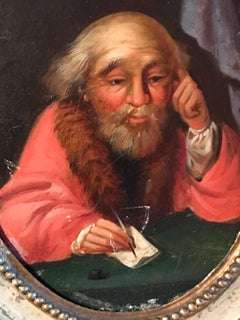 18thC Old Master Painting - The Miser seated at a table with Pen and Paper