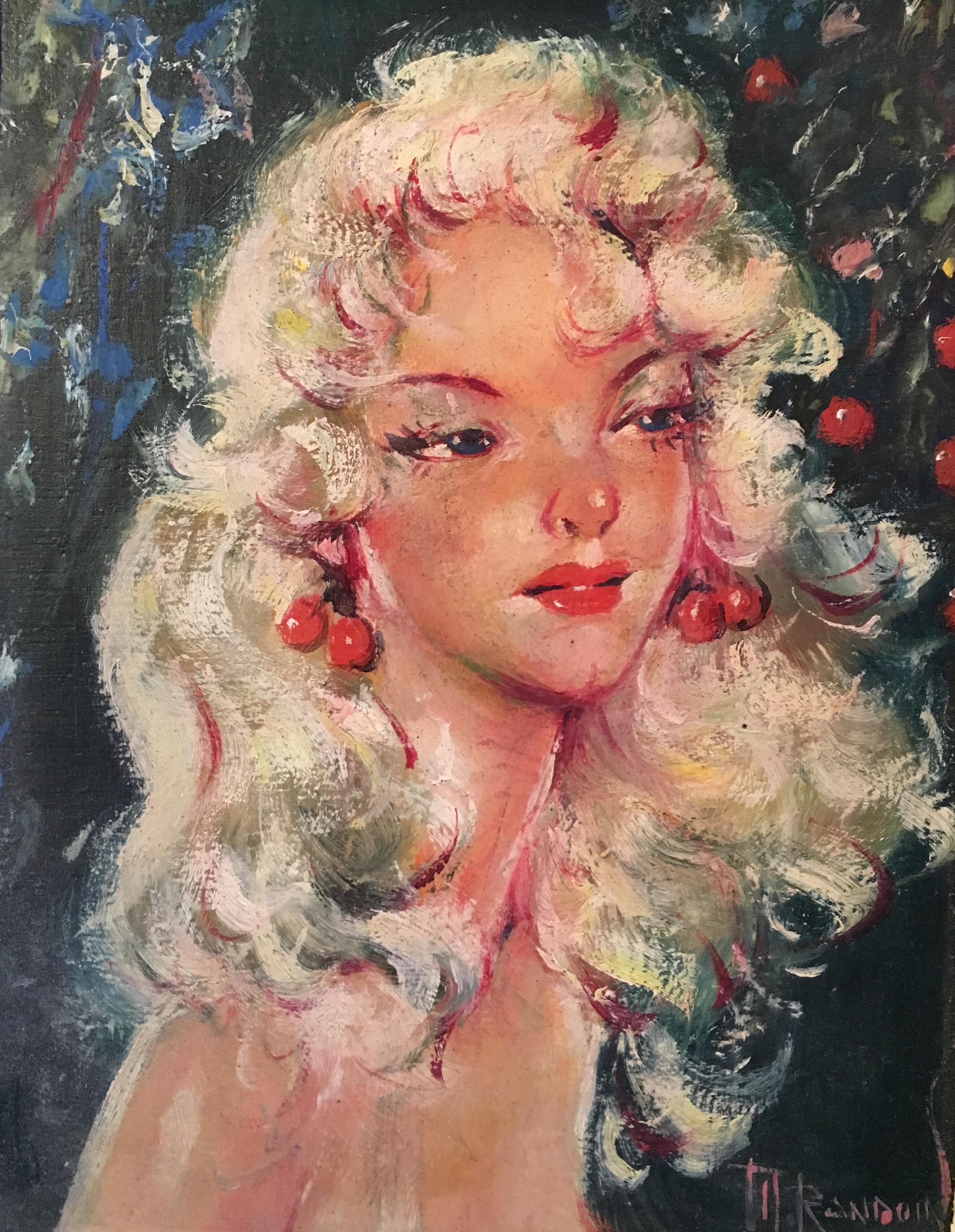 Portrait français du milieu du 20e siècle de style kitsch, Belle parisienne, huile signée 