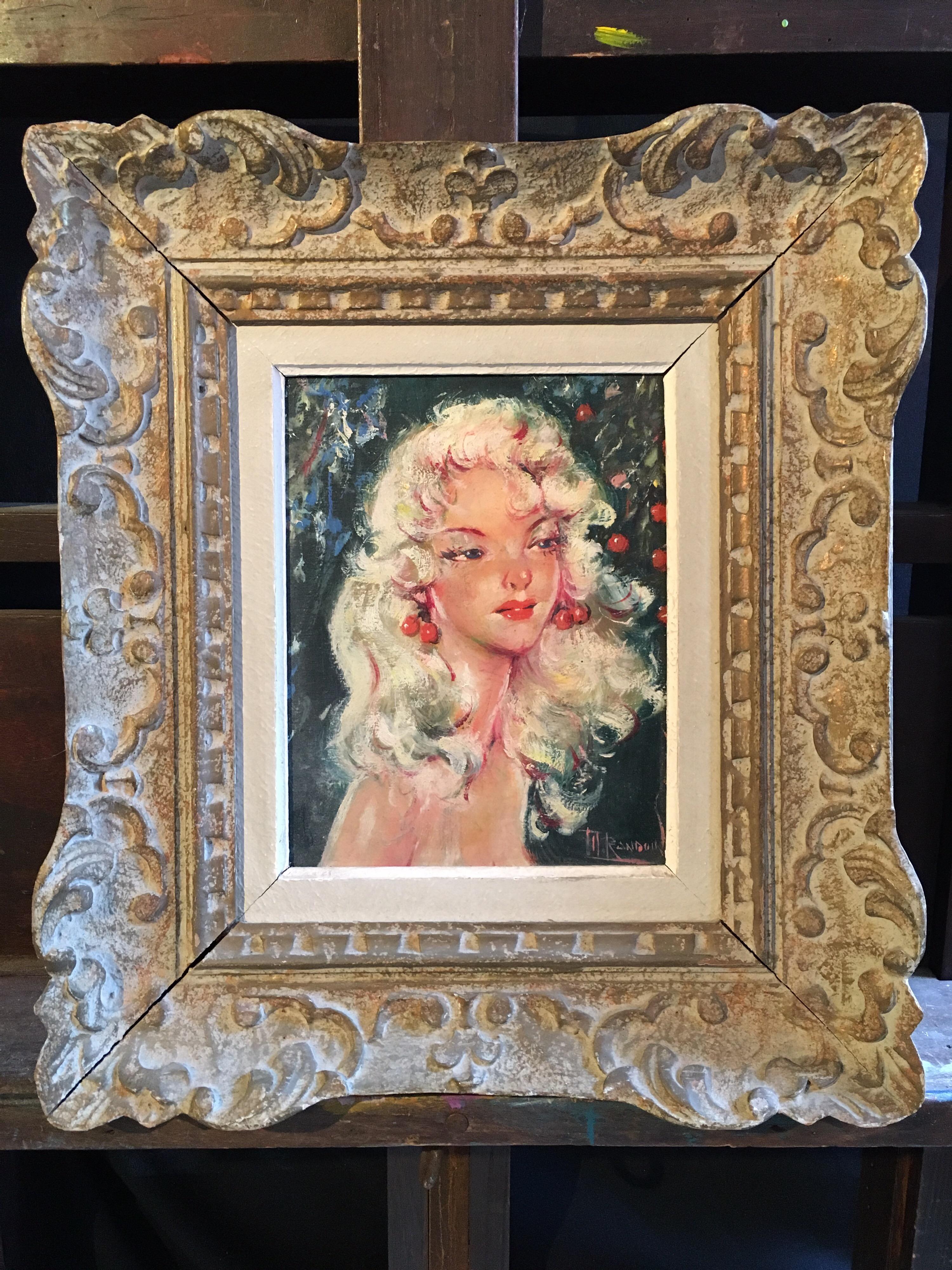 Mid 20th Century French Portrait in Kitsch Style, Parisian Belle, Signed Oil  - Painting by TH. Randoin