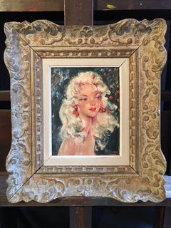 Mid 20th Century French Portrait in Kitsch Style, Parisian Belle, Signed Oil