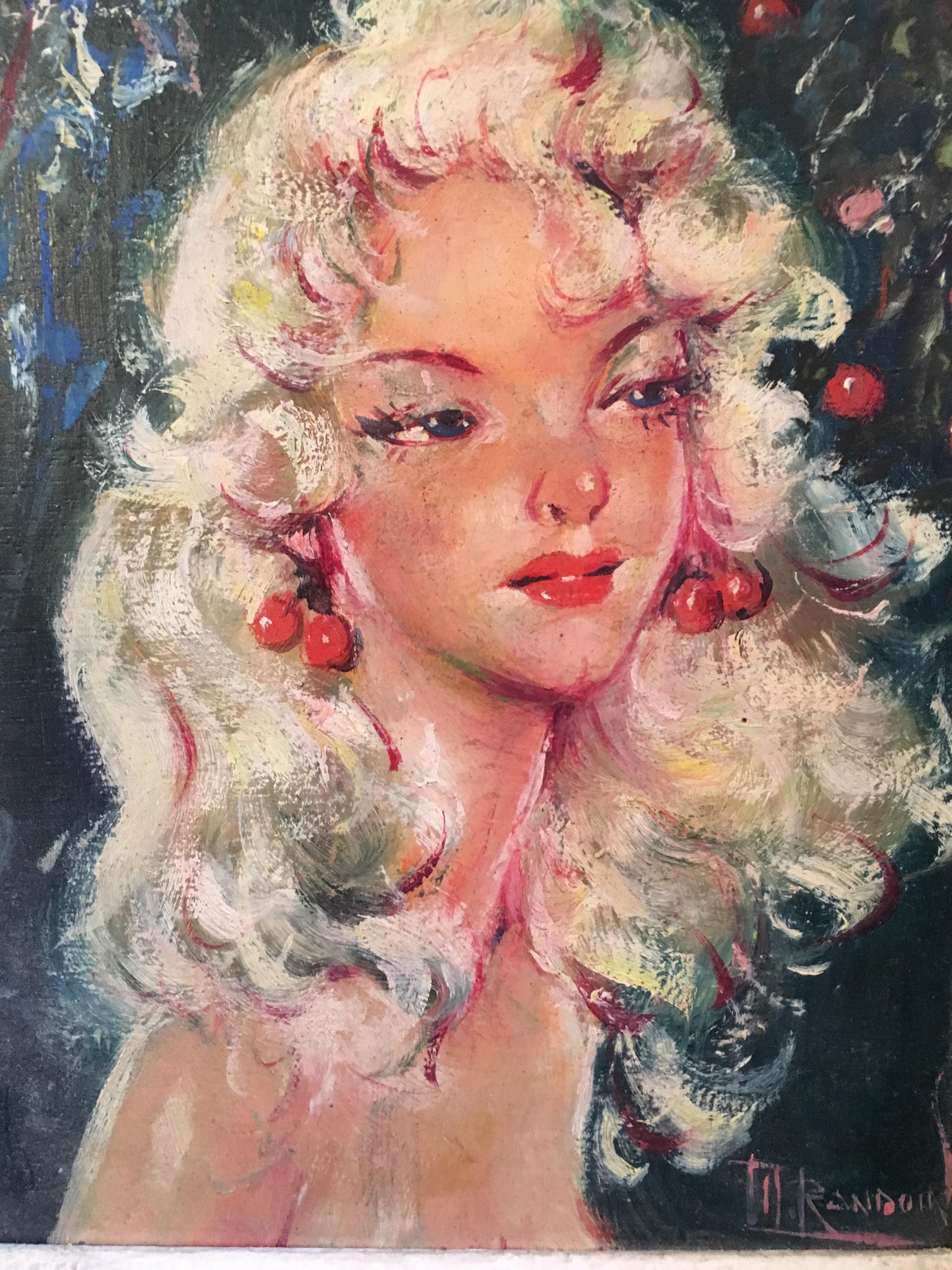 Ritratto francese della metà del XX secolo in stile kitsch, Bellezza parigina, olio firmato - Portrait Painting Marrone di TH. Randoin