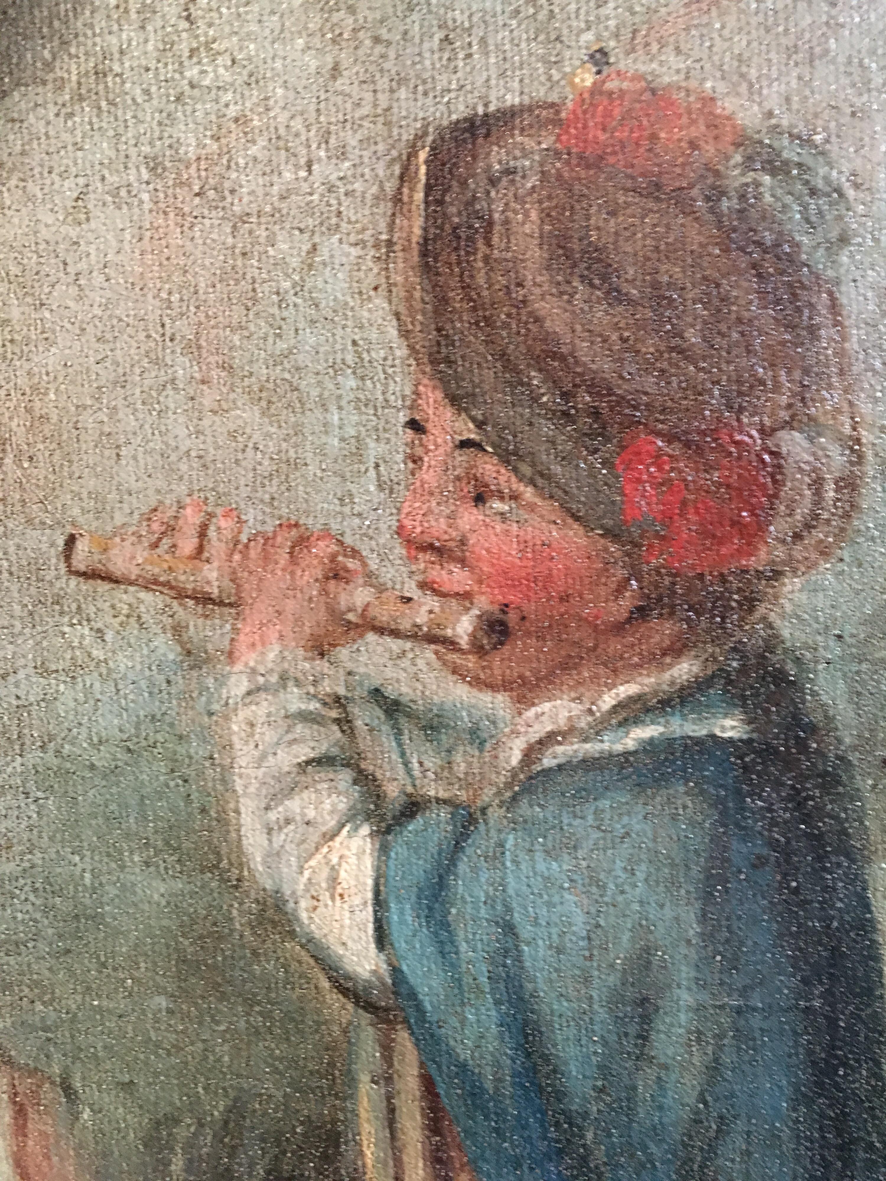 Playing in the Woods
French School, 18th century
Oil painting on canvas, unframed
canvas size: 22 x 18 inches

Idyllic oil painting of two girls and a little boy, dressing in their finest attire, admiring his music. The painting is of French
