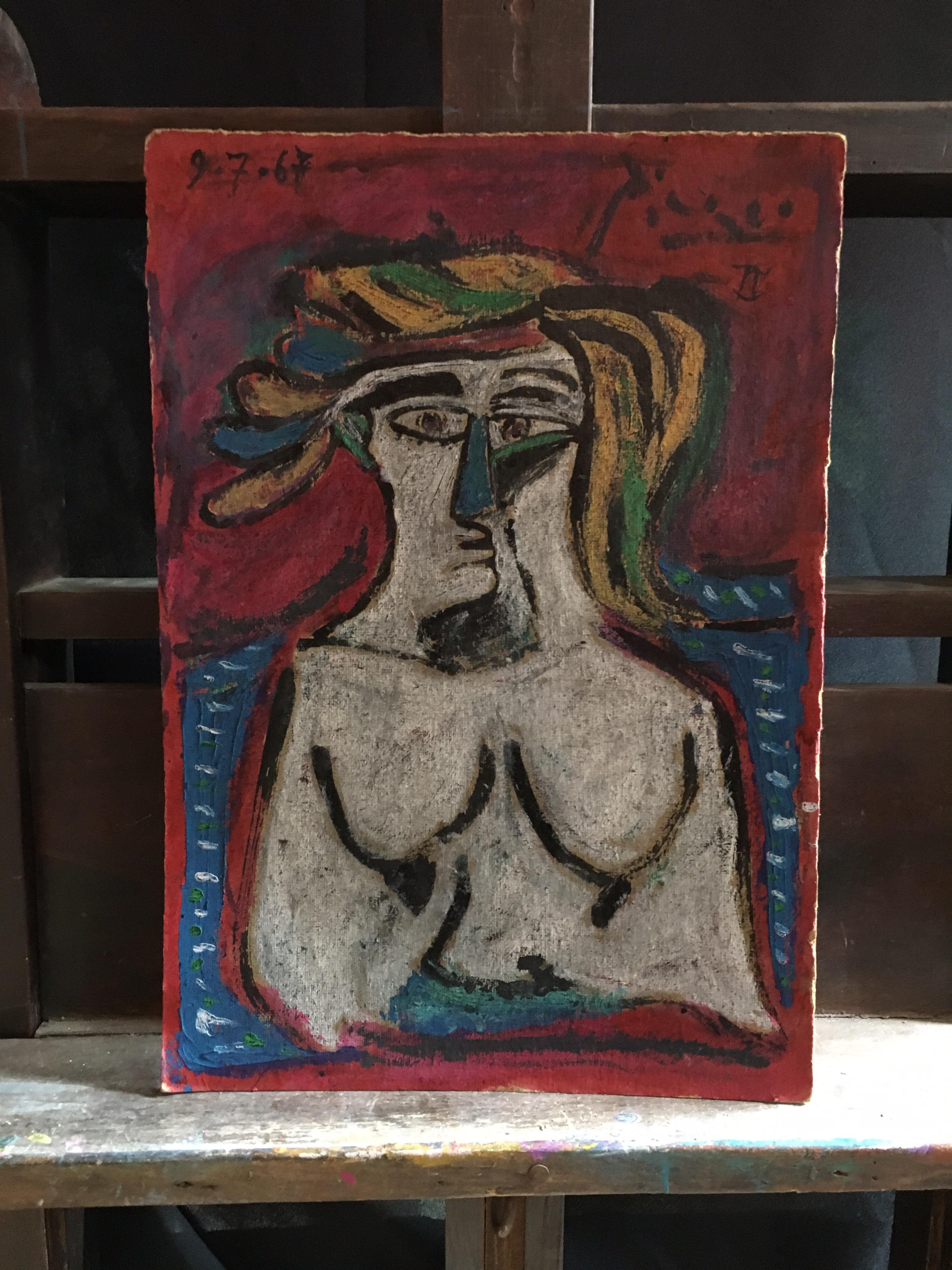 Abstract 1960's Portrait of Nude - signed Picasso - oil painting c.1967 - Painting by Circle of Picasso