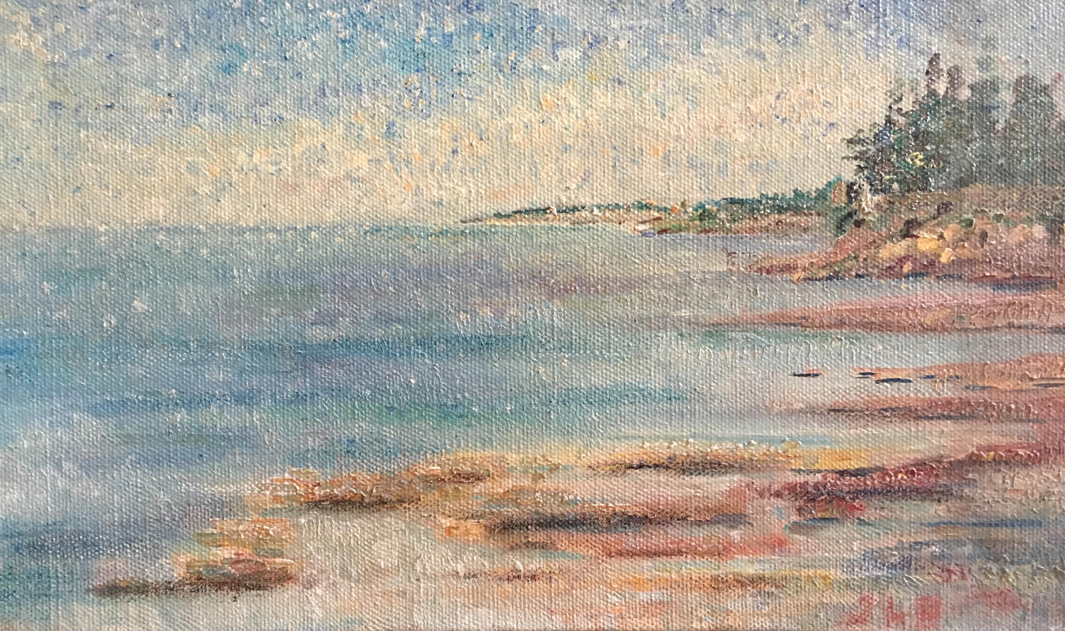 Unknown Still-Life Painting - Dappled Coastal Sunset, Impressionist Landscape, Pastel Colours, Oil Painting