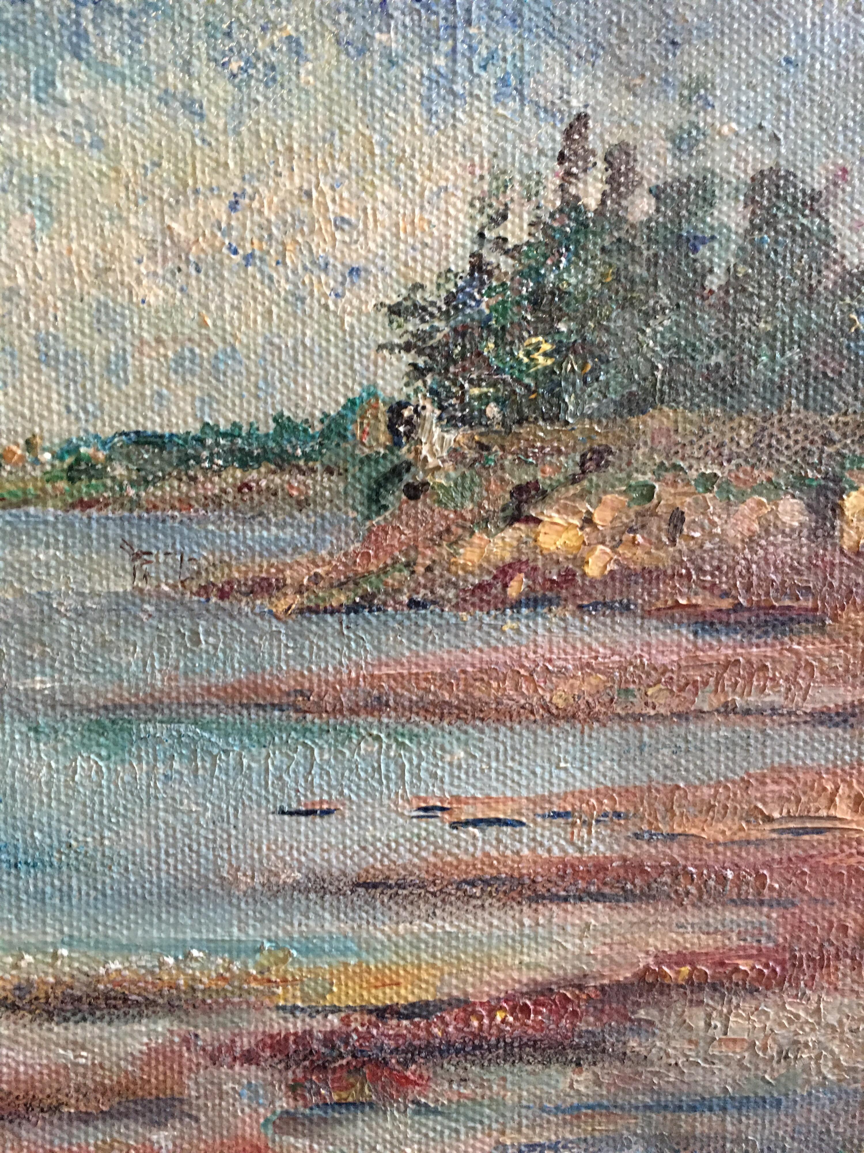 Dappled Coastal Sunset, Impressionist Landscape, Pastel Colours, Oil Painting
French School, mid 20th century
Oil painting on canvas, unframed
Canvas size: 10.5 x 18 inches

Coastal sunset landscape, showing a soft dappled light, with muted pastels.