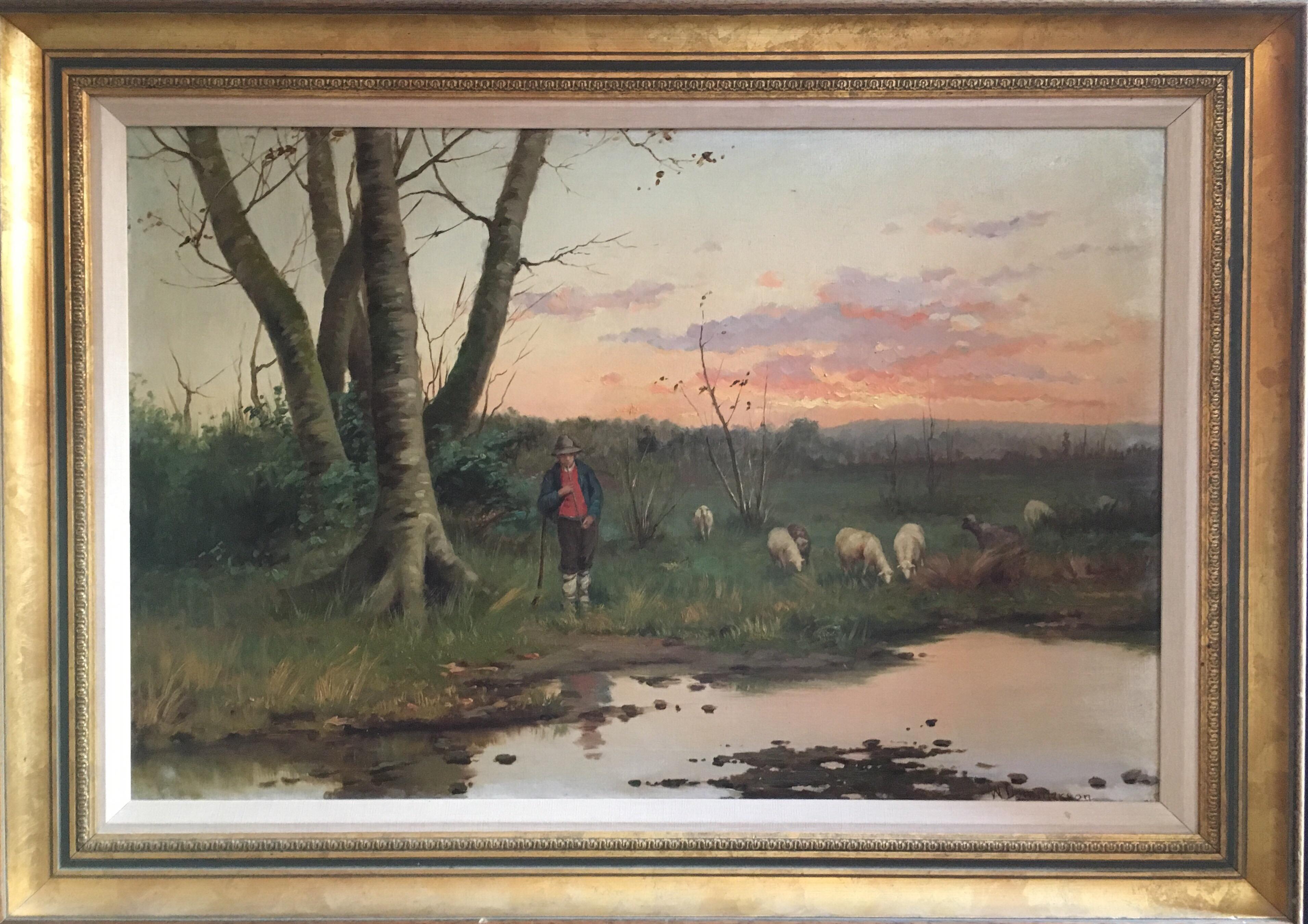 W. Dommerson Animal Painting - Farmer with his Flock, Antique Sunset Landscape, Signed Original Oil