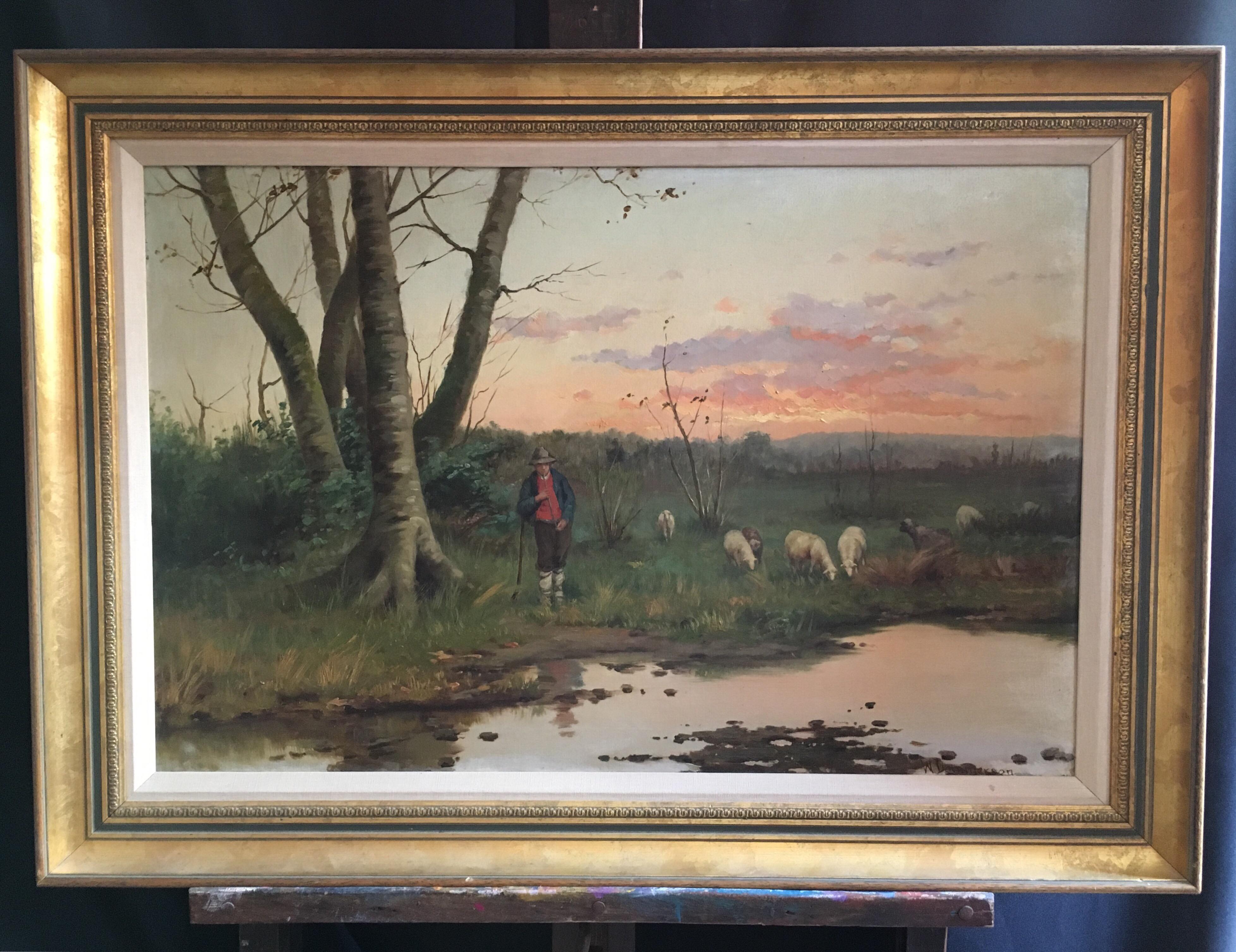 Farmer with his Flock, Antique Sunset Landscape, Signed Original Oil - Painting by W. Dommerson