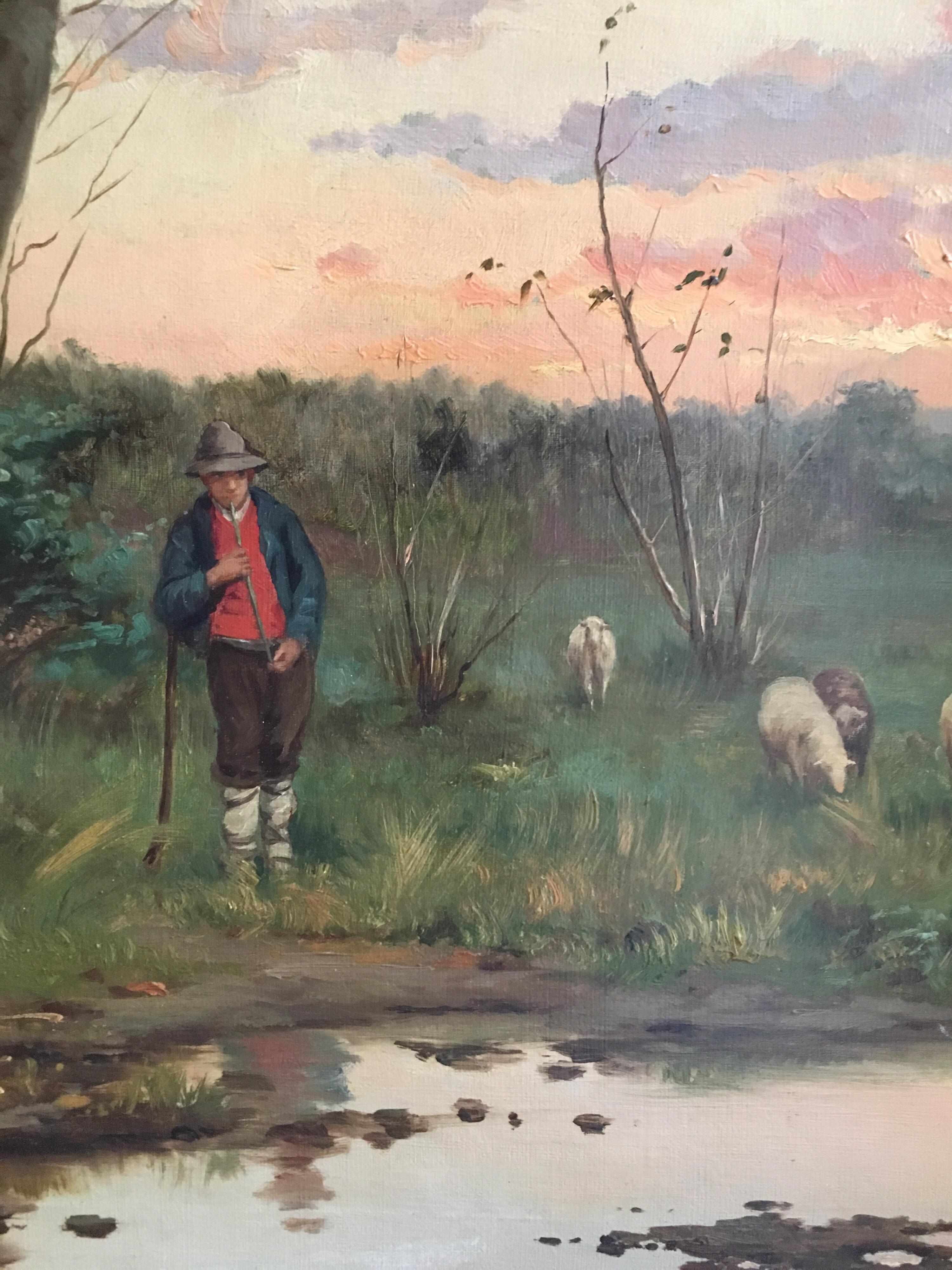 Farmer with his Flock, Antique Sunset Landscape, Signed Original Oil - Brown Animal Painting by W. Dommerson