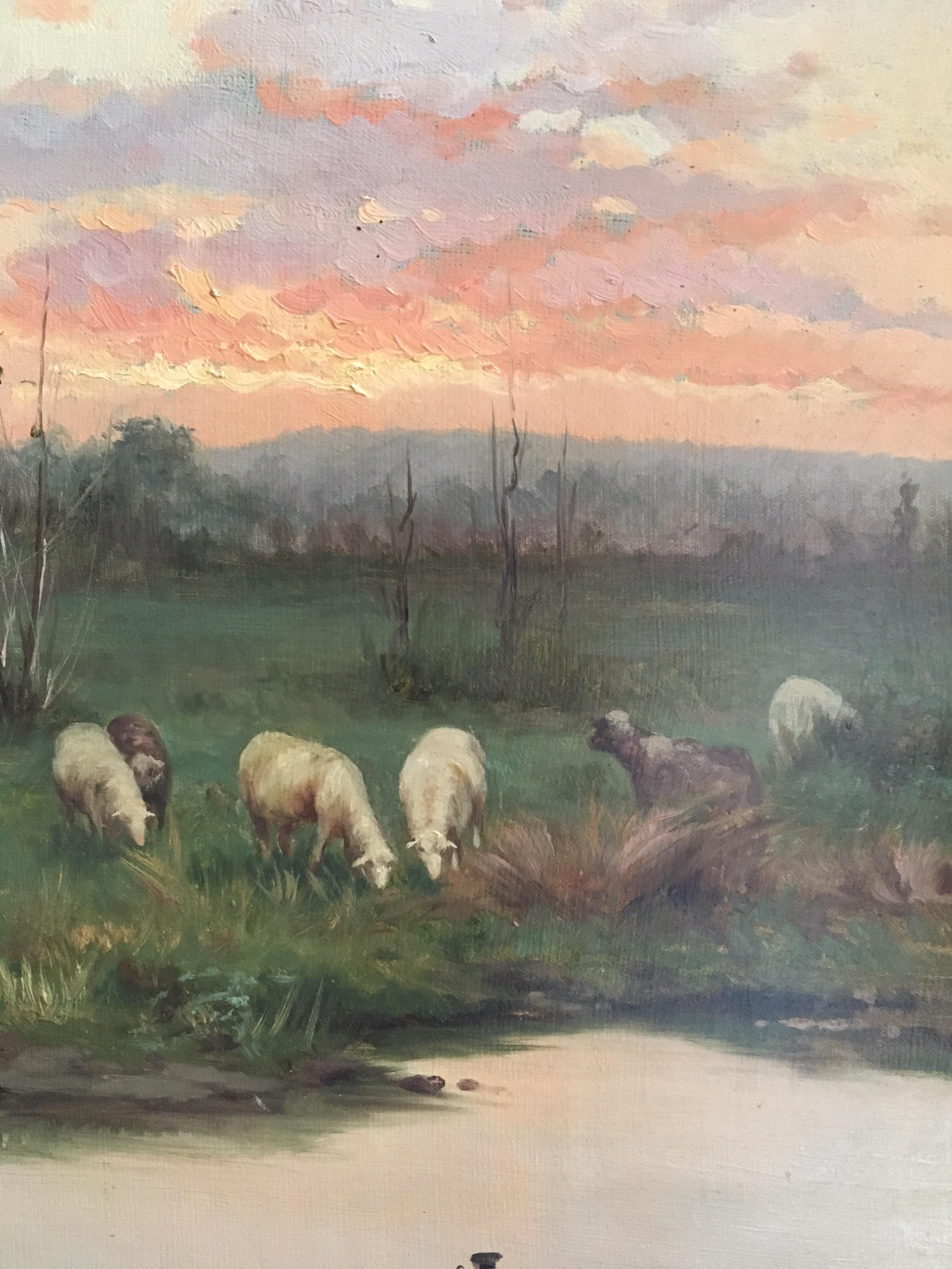 Farmer with his Flock, Antique Sunset Landscape, Signed Original Oil 1