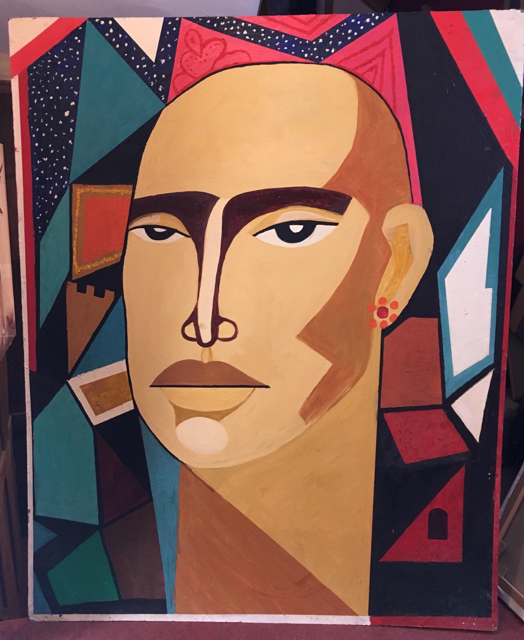 Großes, farbenfrohes männliches Porträt, geometrisches kubistisches Original-Ölgemälde  – Painting von Unknown
