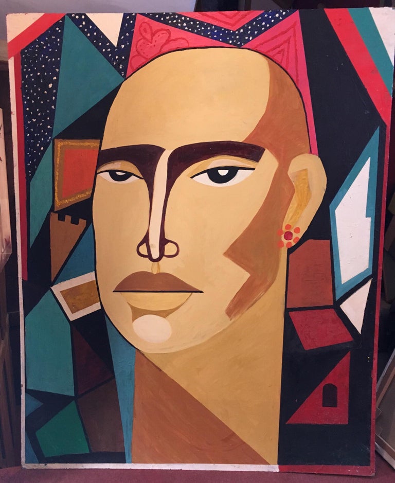 Huge Colourful Male Portrait, Geometric Cubist Original Oil Painting  - Brown Figurative Painting by Unknown