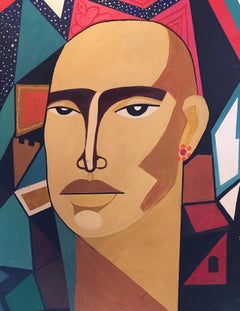 Huge Colourful Male Portrait, Geometric Cubist Original Oil Painting 