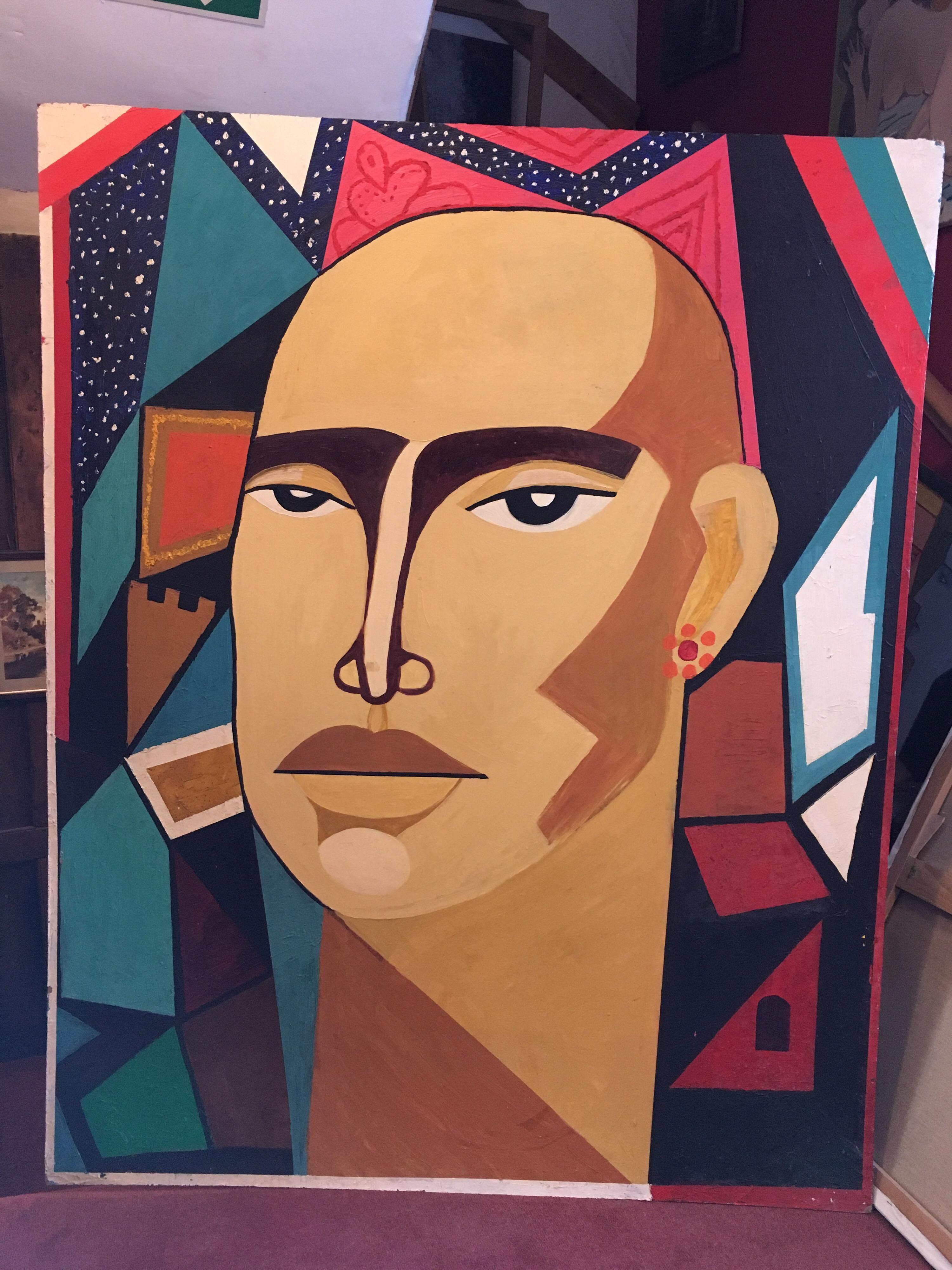 Großes, farbenfrohes männliches Porträt, geometrisches kubistisches Original-Ölgemälde  (Geometrische Abstraktion), Painting, von Unknown