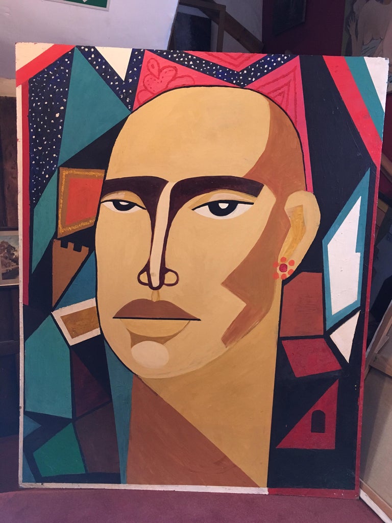 Huge Colourful Male Portrait, Geometric, Cubist Original Oil Painting 
By European schooled artist, Mid 20th Century
Oil painting on board, unframed
Board size: 60 x 48 inches

A fabulous colourful portrayal of a wonderful male face - his superb