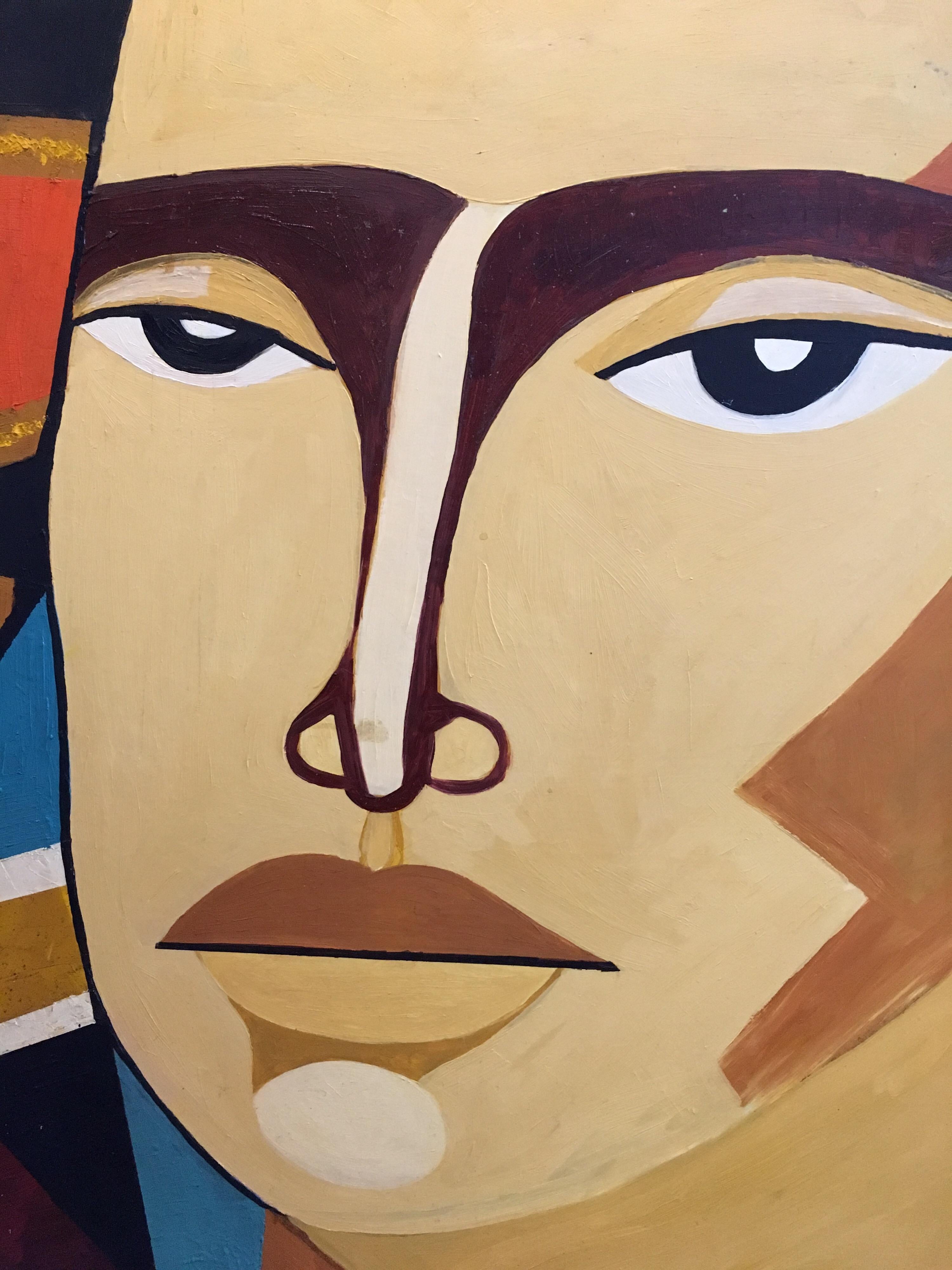 Großes, farbenfrohes männliches Porträt, geometrisches kubistisches Original-Ölgemälde  (Braun), Portrait Painting, von Unknown
