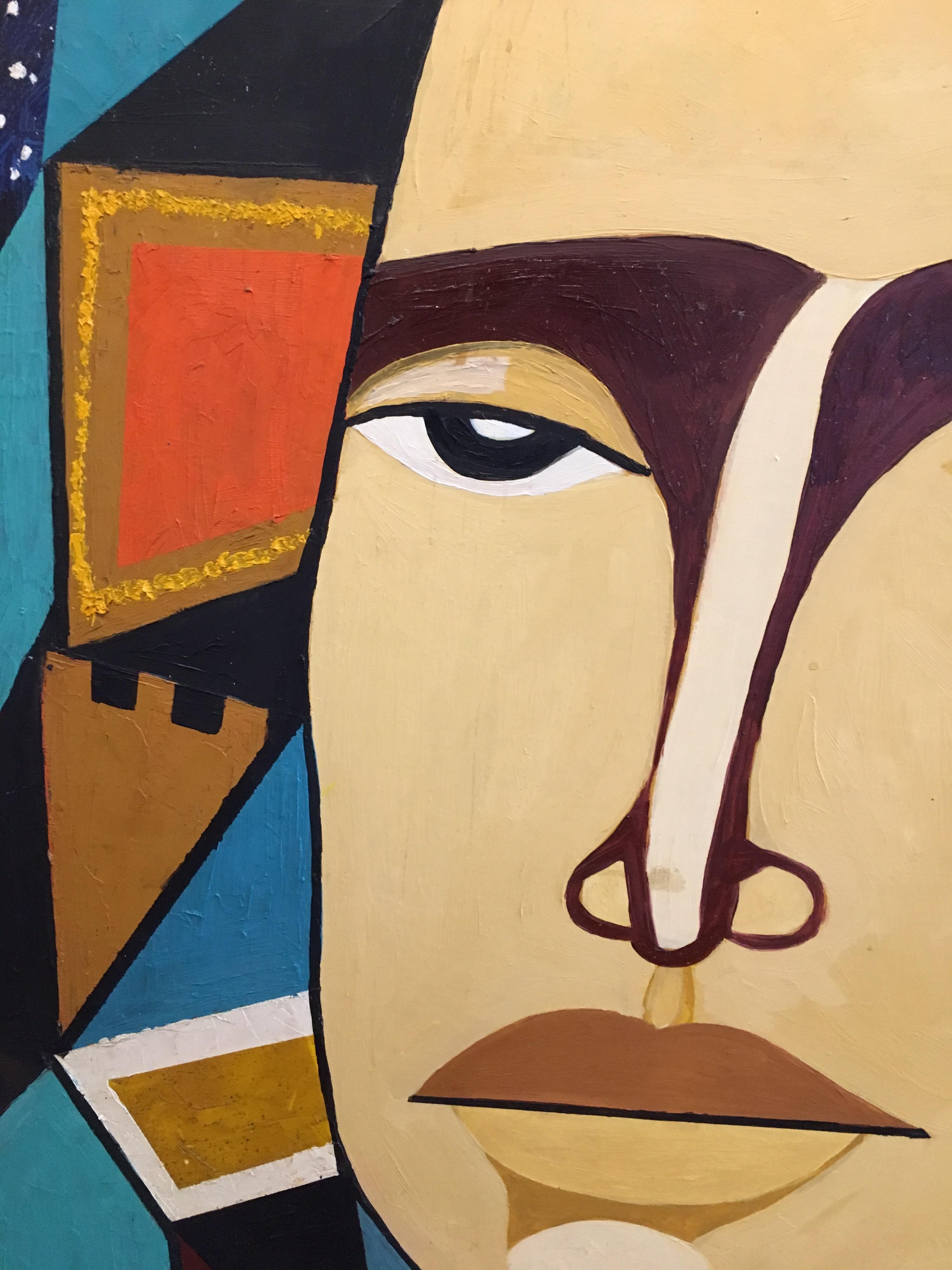 Huge Colourful Male Portrait, Geometric, Cubist Original Oil Painting 
By European schooled artist, Mid 20th Century
Oil painting on board, unframed
Board size: 60 x 48 inches

A fabulous colourful portrayal of a wonderful male face - his superb