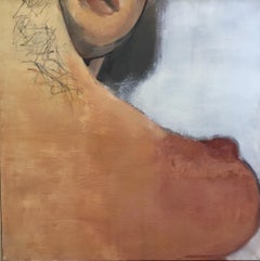 Vintage Huge 1970s Parisian Nude Portrait Modernist Original Oil Painting Signed