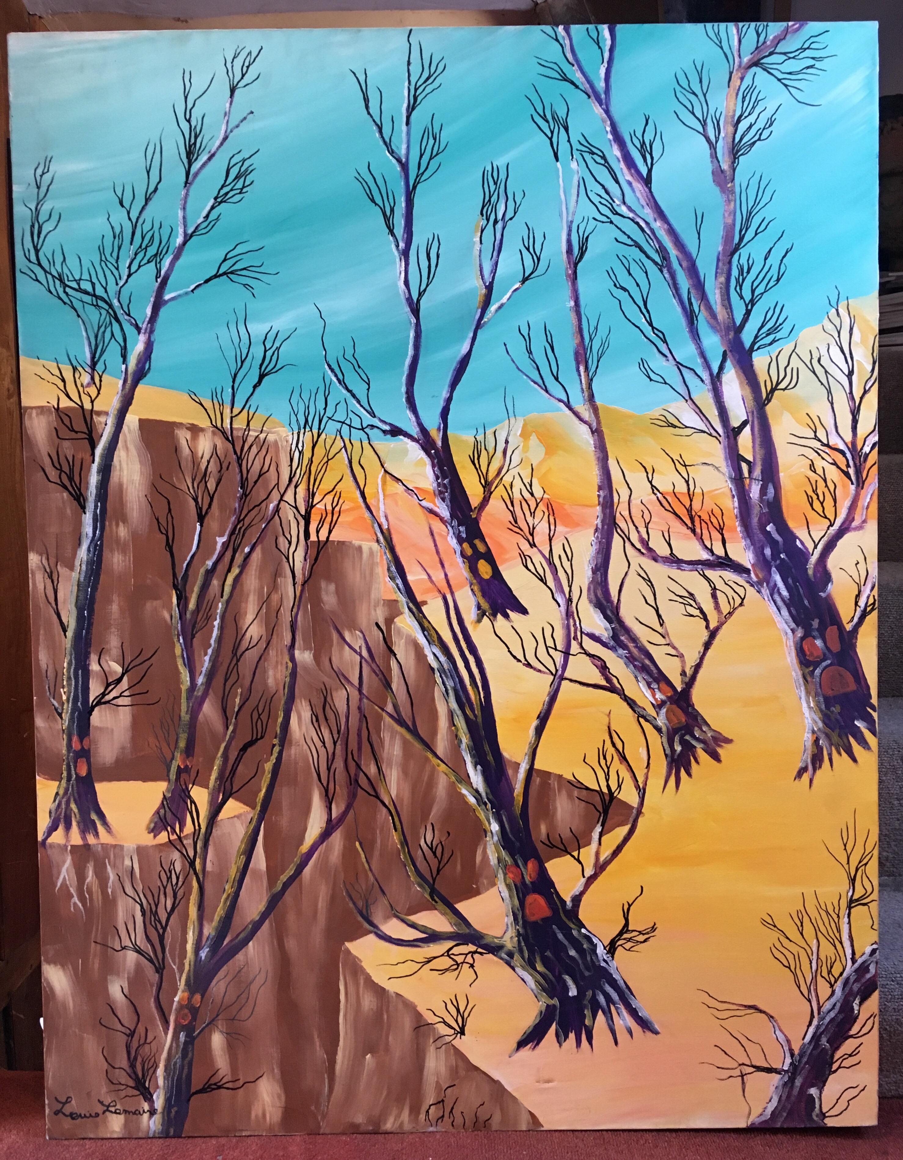 Paesaggio stilizzato e derelitto, colori vivaci, pittura a olio firmata - Painting di Louis Lemaire