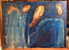 Deep Blue Figures, Large French Expressionist Original Oil Painting