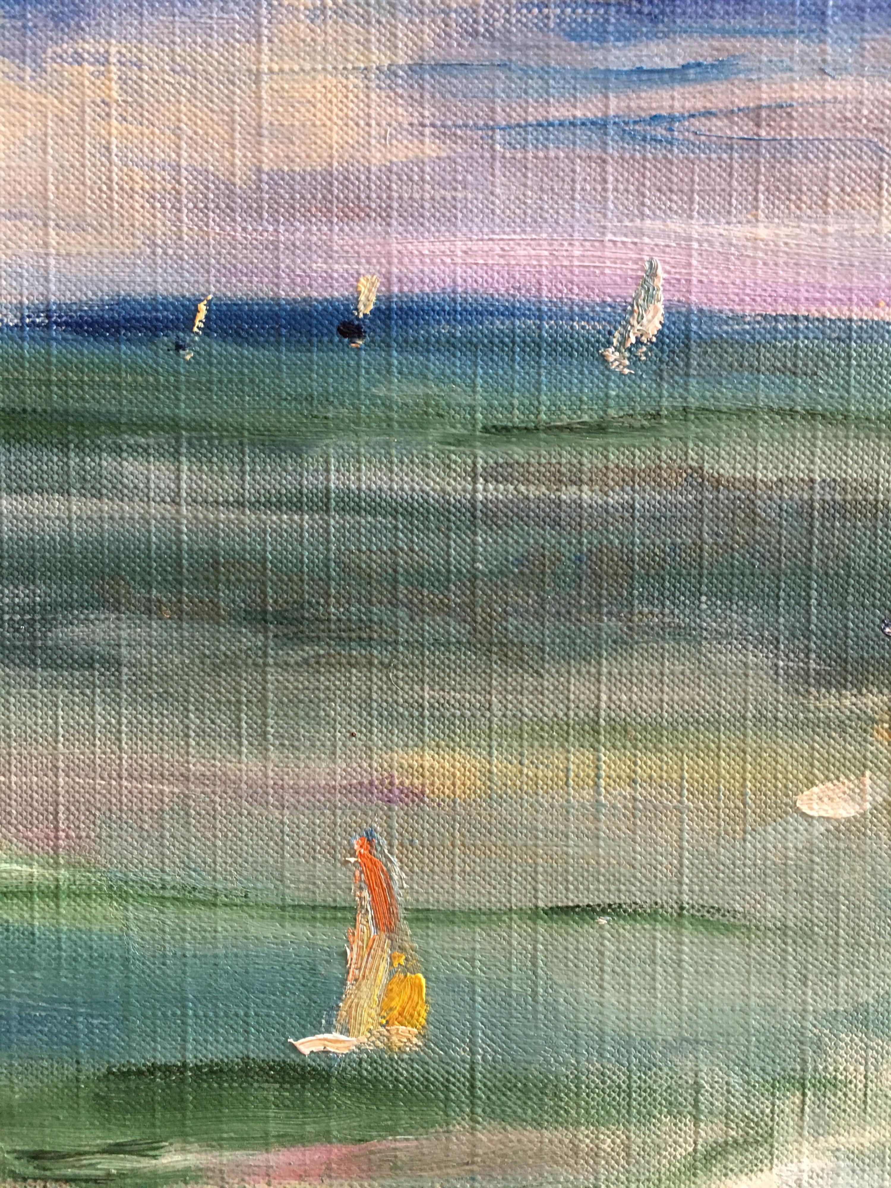 Coastal Seaside Impressionist Landscape, French Original Oil Painting - Gray Landscape Painting by Unknown