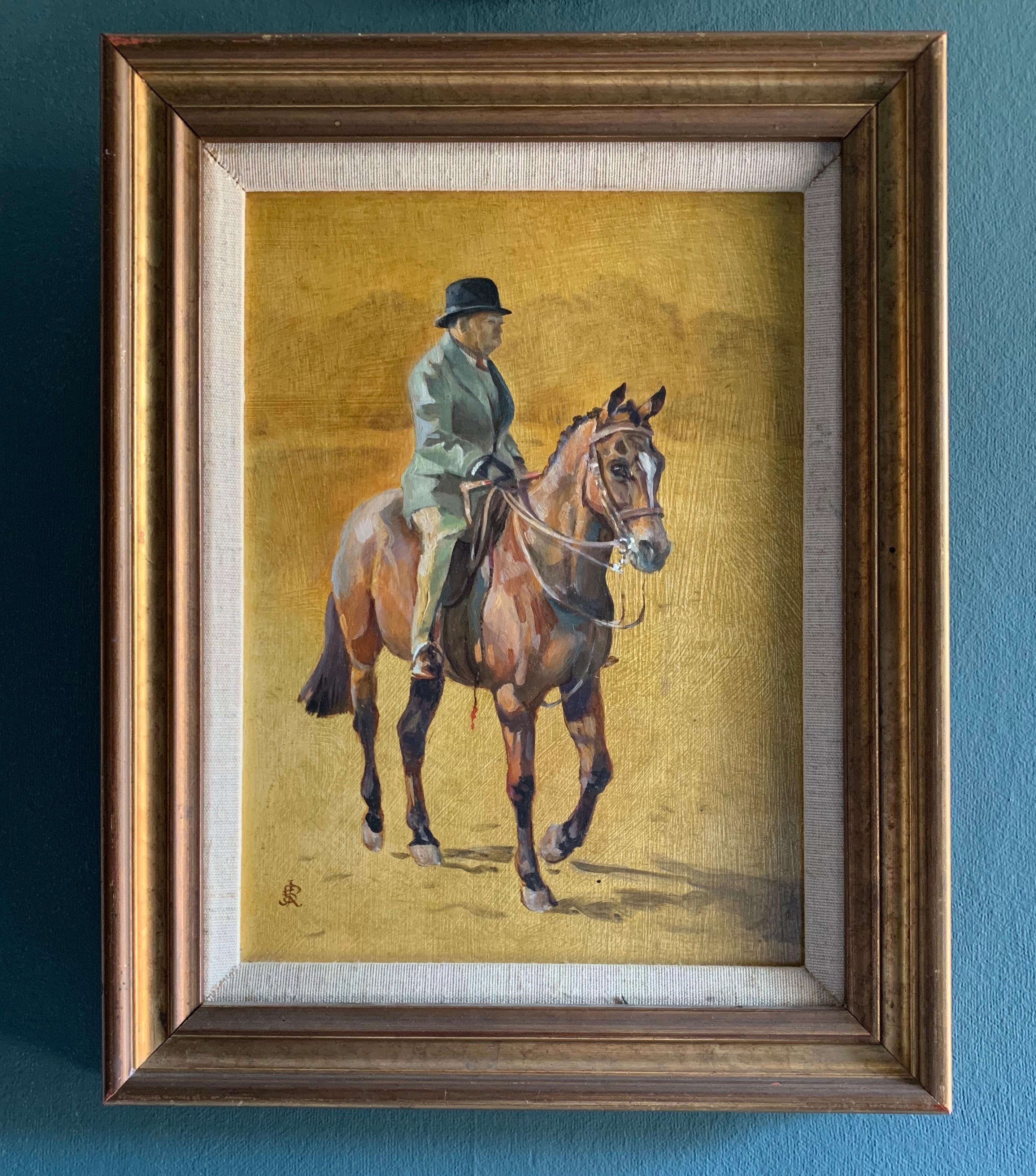 Winston Churchill on Horseback signed oil painting - Painting by Joy Stanley Ricketts 