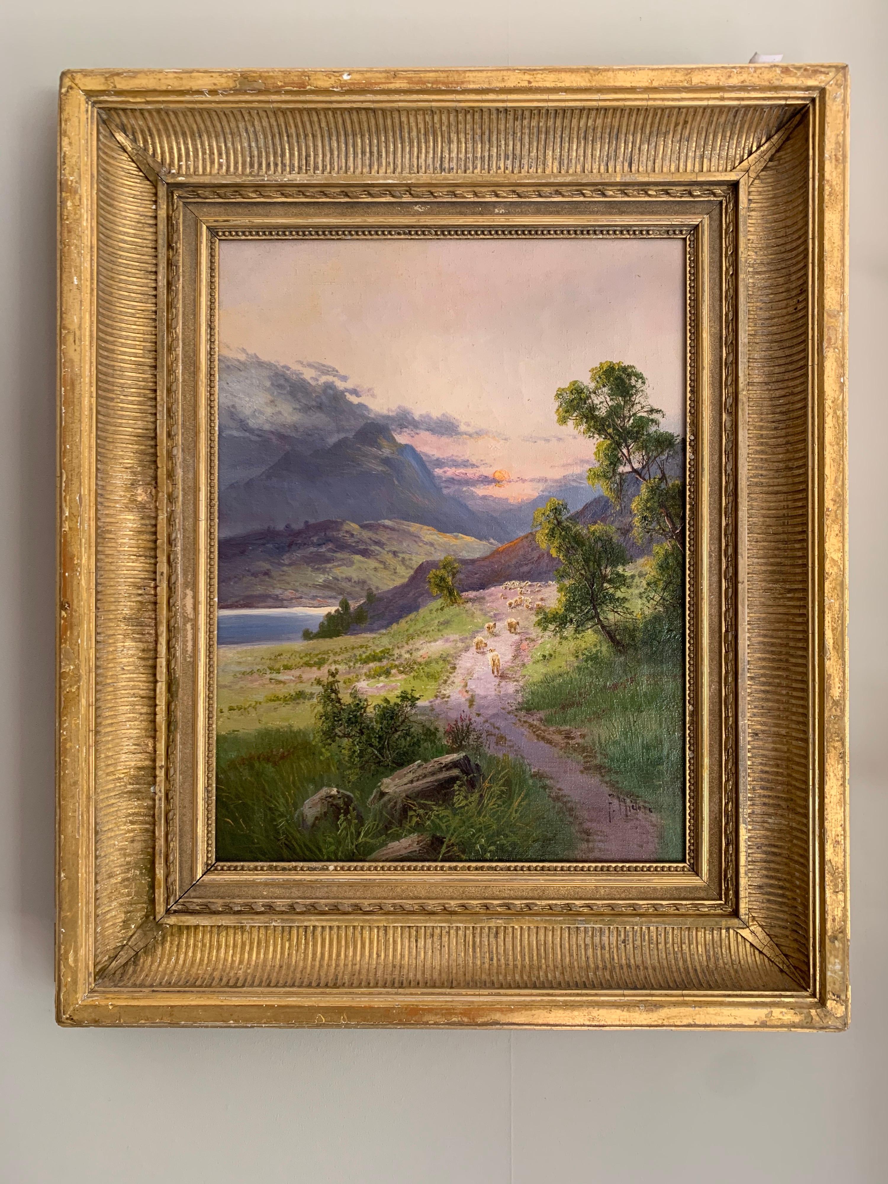 The Highland Sunset Sheep on Pathway beside Loch Signed Antique Oil Painting - Brown Animal Painting by Frank Hider