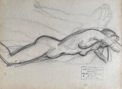 Retro Mid 20th century French Original Line Drawing sketch Nude Lady - Stamped