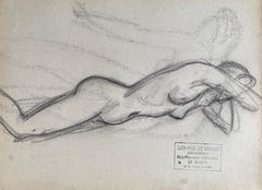 Mid 20th century French Original Line Drawing sketch Nude Lady - Stamped