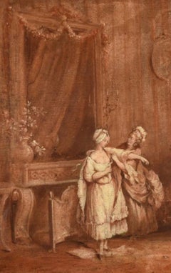 Fine Early 1700's French Oil Elegant Figures Lady being Dressed Rococo Interior