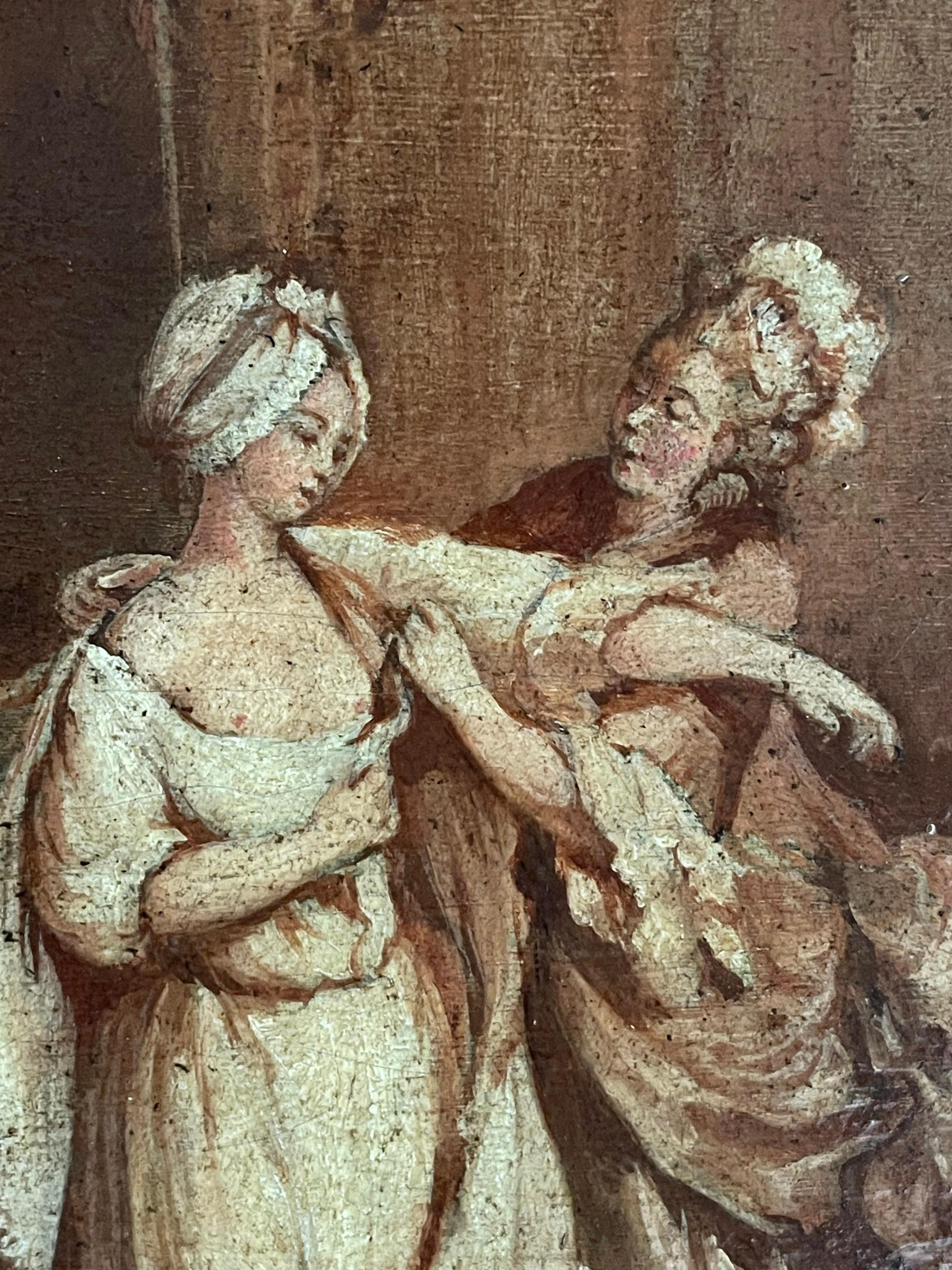 Fine Early 1700's Französisch Öl Elegant Figuren Dame gekleidet Rokoko Interieur im Angebot 3