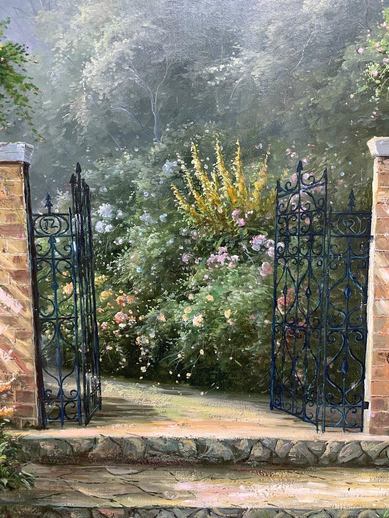Unknown - Huge Impressionist Oil Painting Country Garden with Gates ...