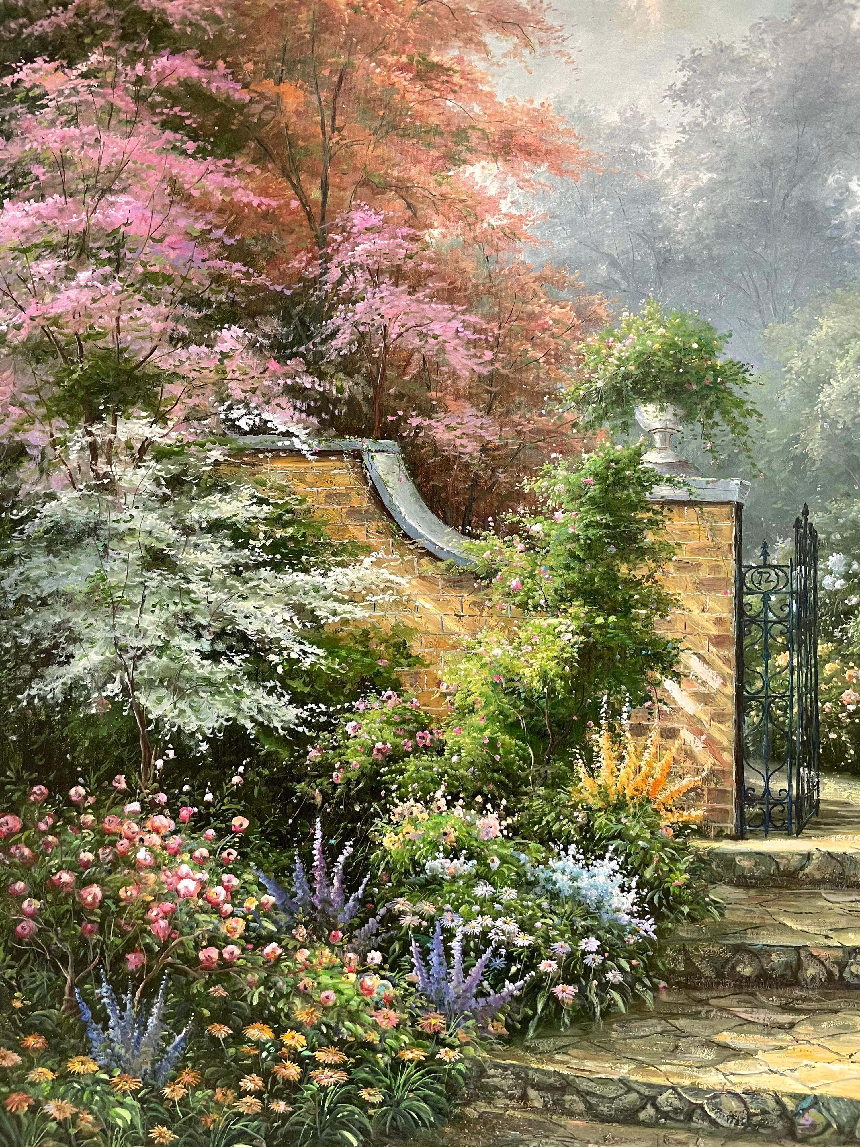 Enorme dipinto a olio impressionista Giardino di campagna con cancelli Fiori abbondanti in vendita 2
