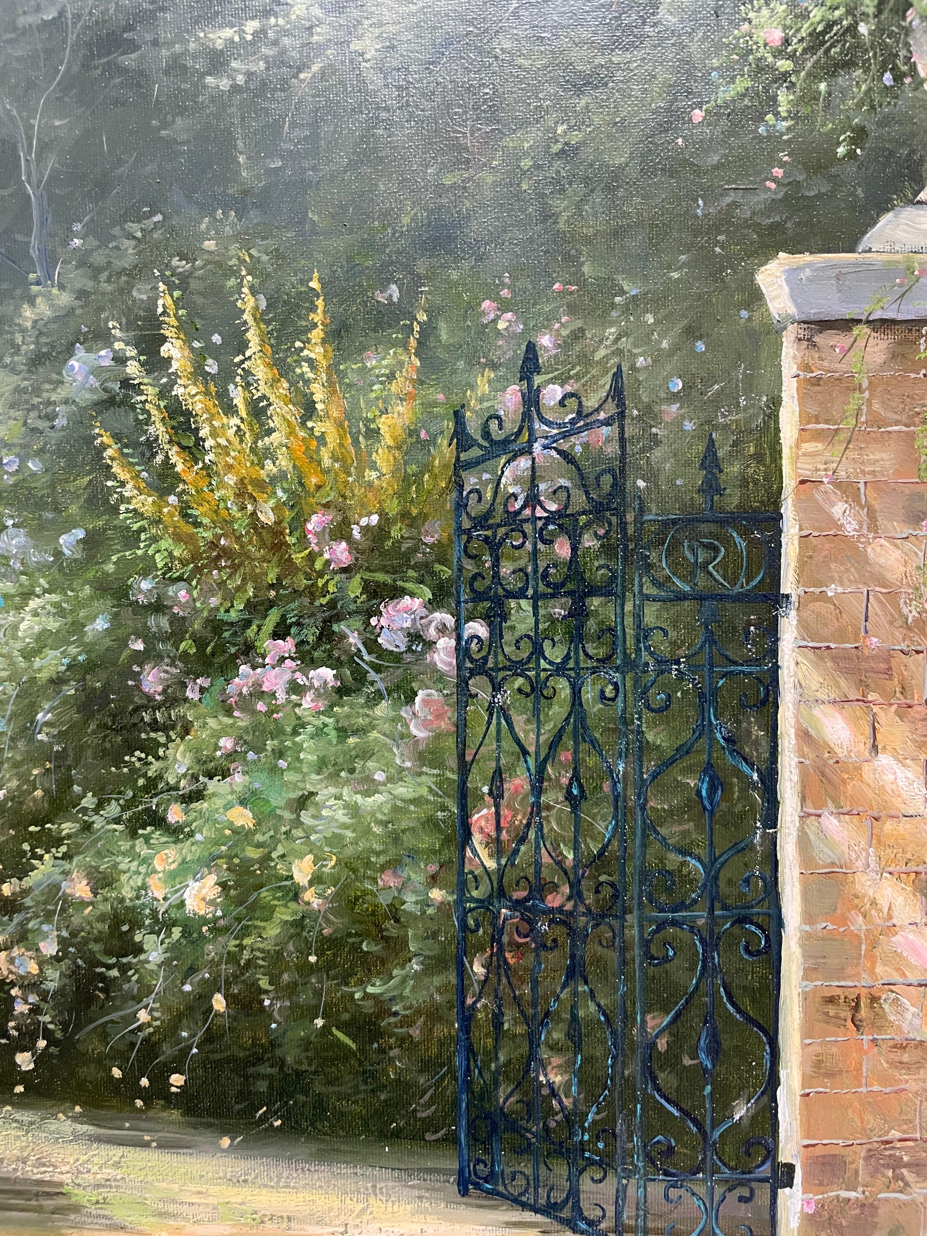 Enorme dipinto a olio impressionista Giardino di campagna con cancelli Fiori abbondanti in vendita 4