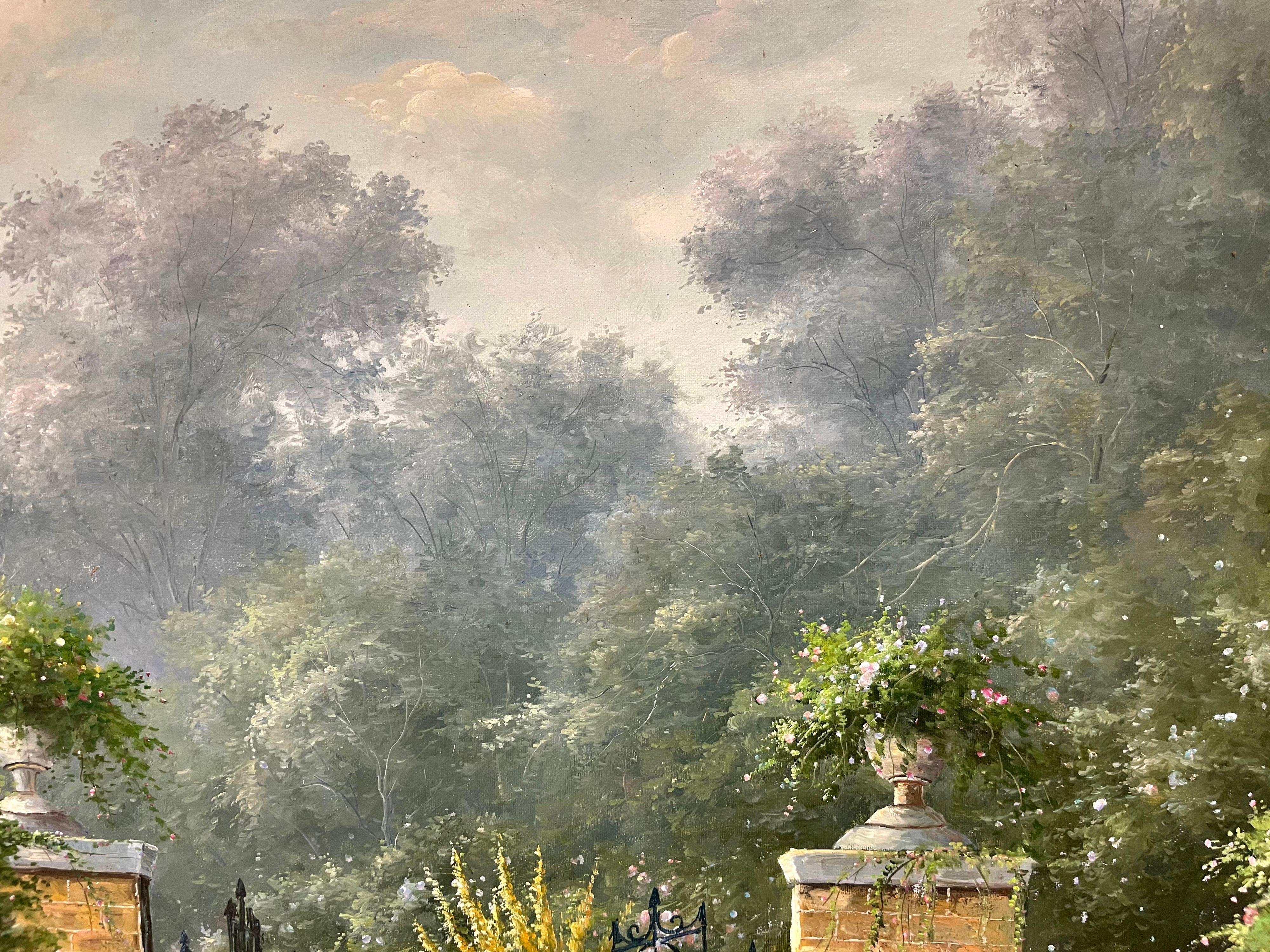 Enorme dipinto a olio impressionista Giardino di campagna con cancelli Fiori abbondanti in vendita 5