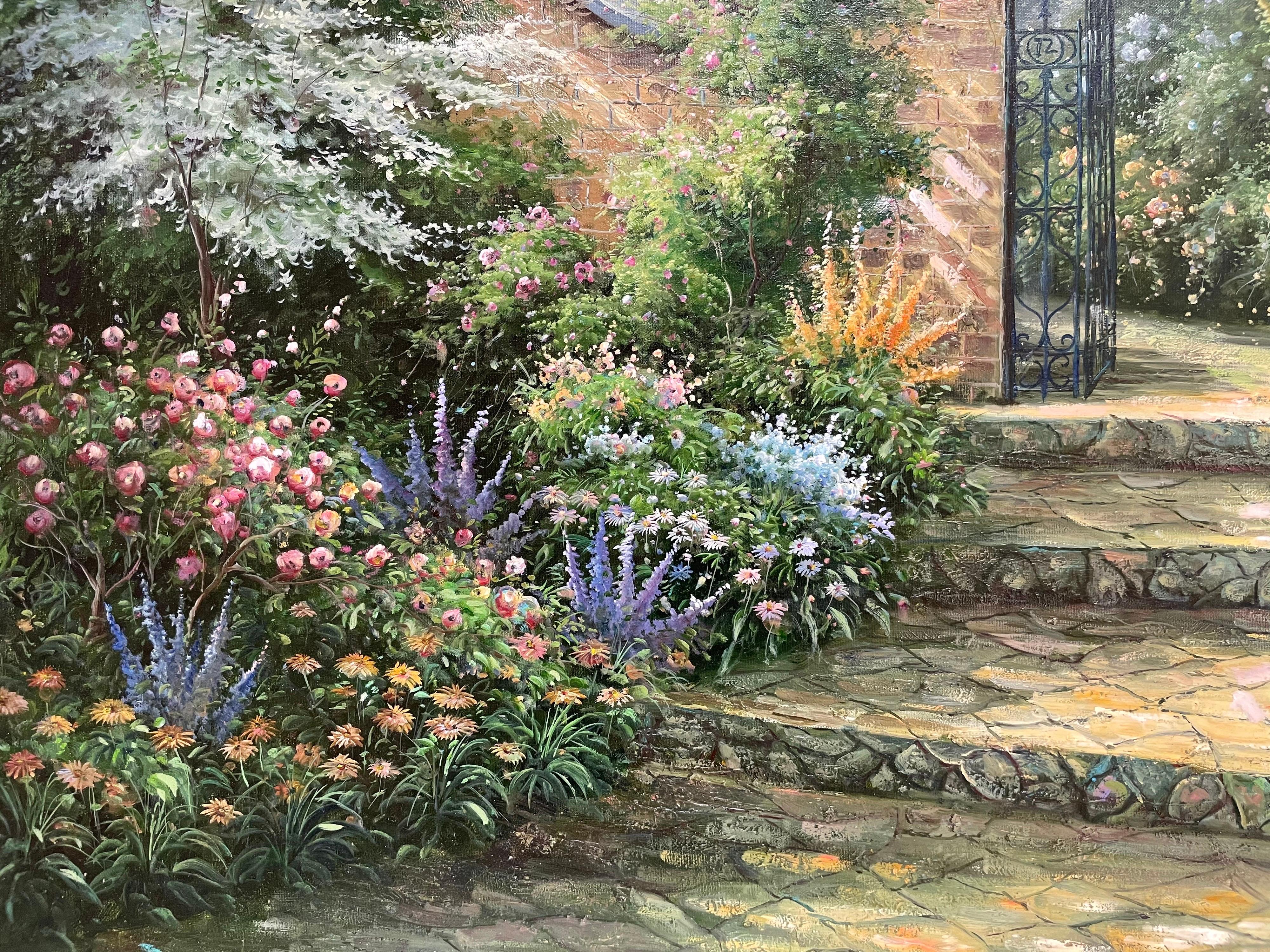 Enorme dipinto a olio impressionista Giardino di campagna con cancelli Fiori abbondanti in vendita 1