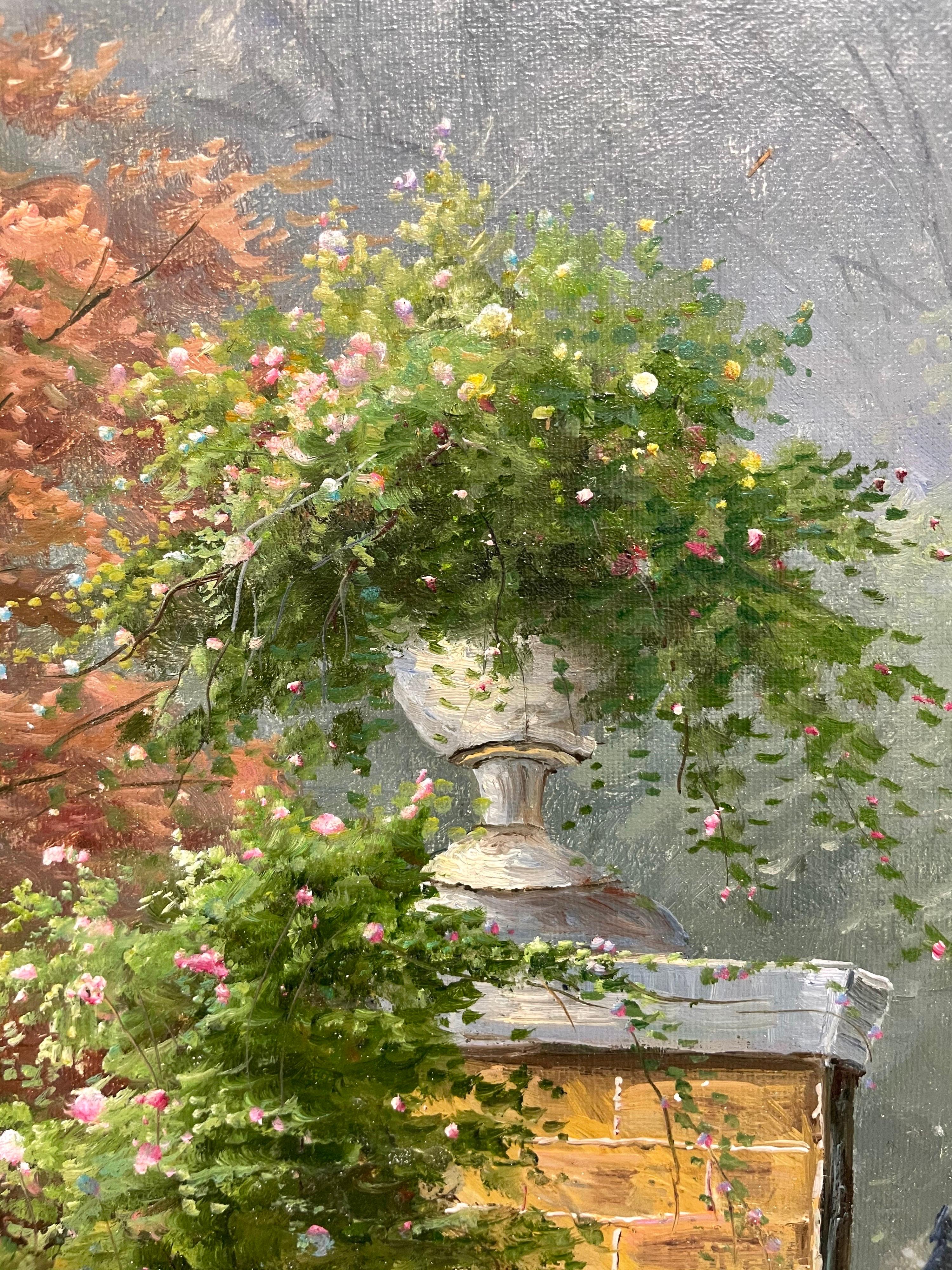 Enorme dipinto a olio impressionista Giardino di campagna con cancelli Fiori abbondanti in vendita 3