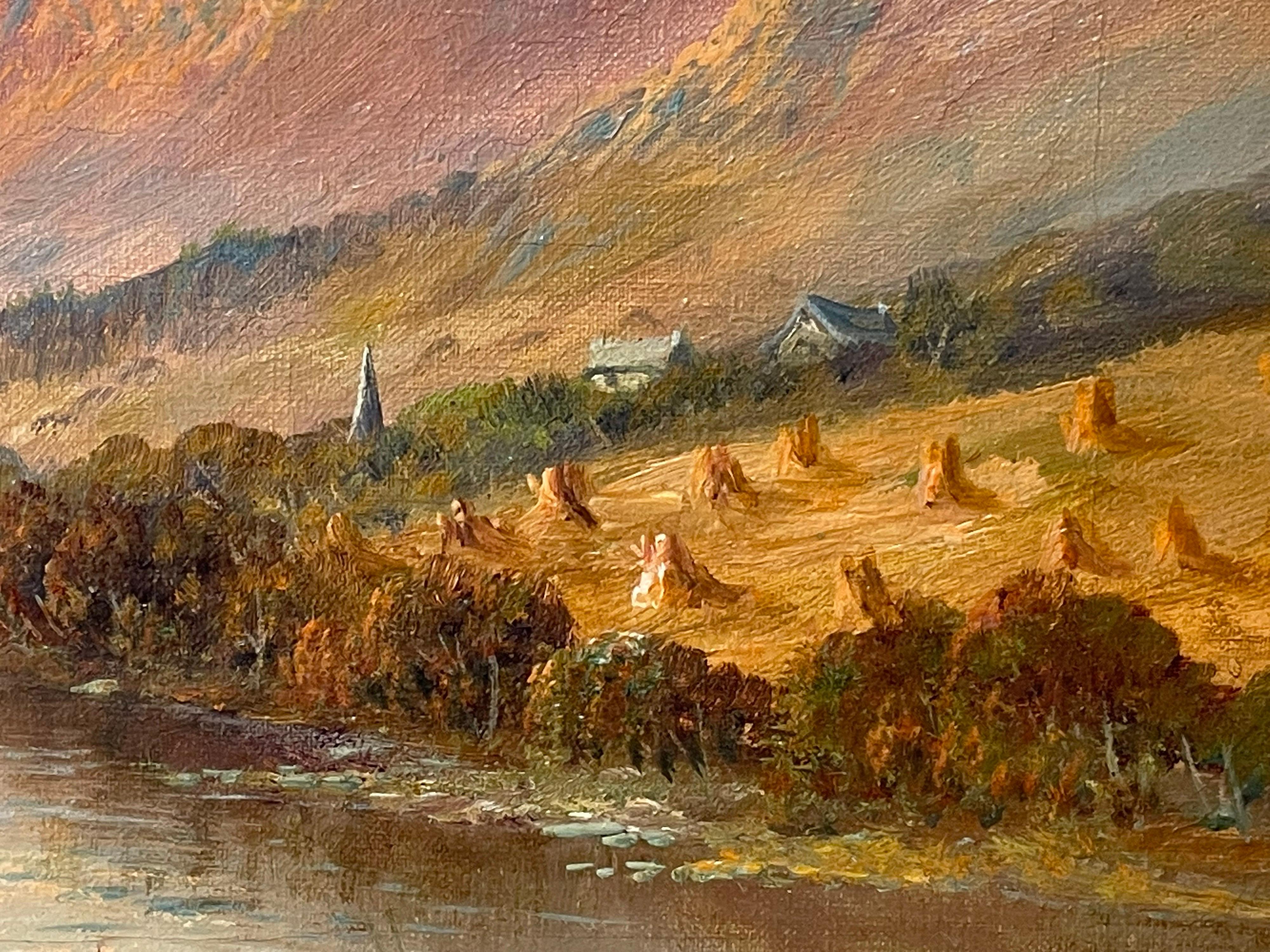 Antique Scottish Highlands Signed Oil Painting Summer Loch Sunset Harvest Field - Brown Animal Painting by Francis E. Jamieson