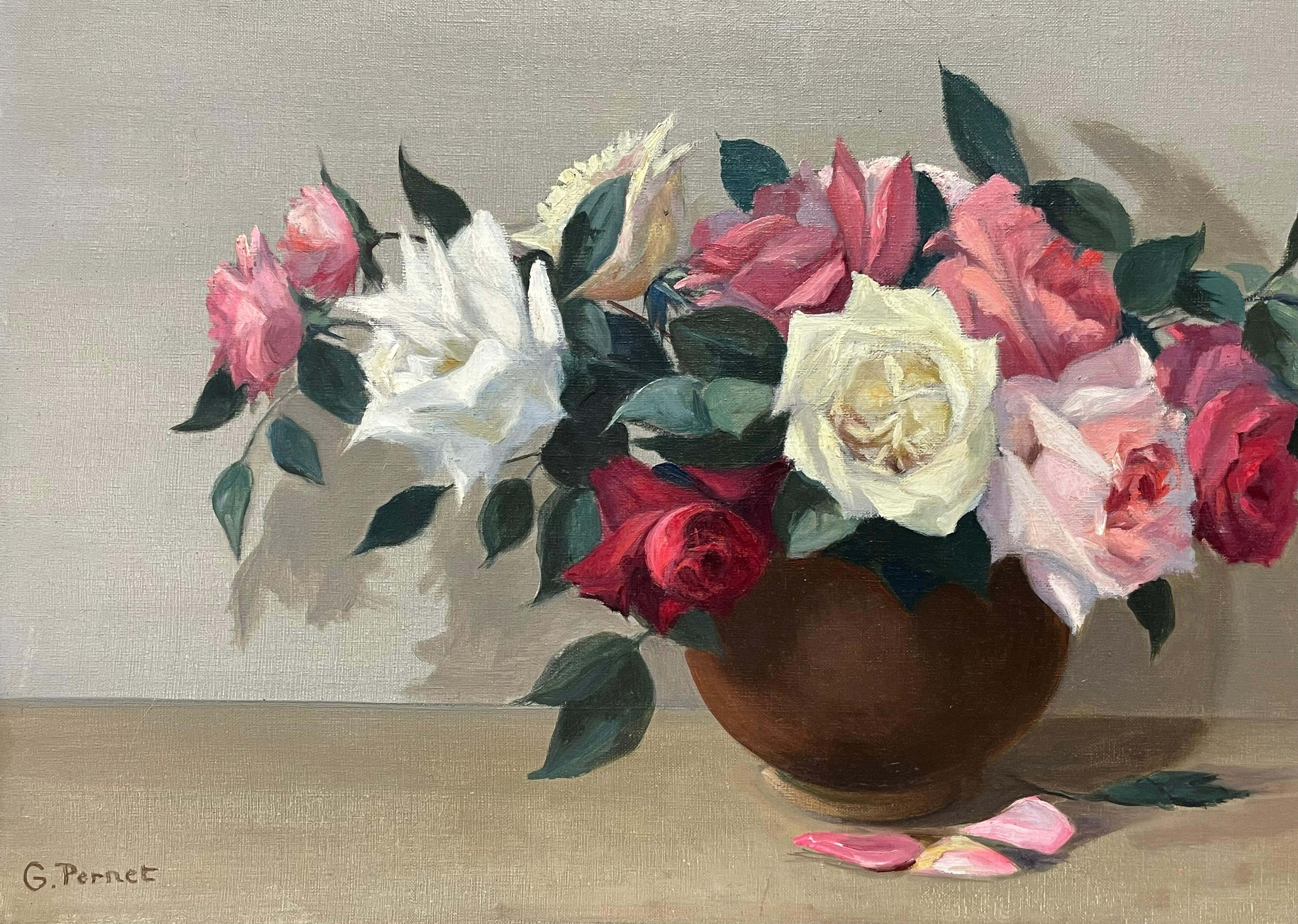 Natura morta di rose in una ciotola
Scuola francese, anni '60 circa
firmato, 'G. Pernet'
dipinto a olio su tela, incorniciato
tela: 18 x 32 pollici
incorniciato: 23,5 x 37,5 pollici
provenienza: collezione privata, Francia
condizioni:
